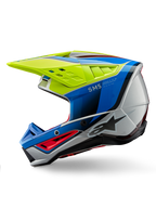 Alpinestars S-M5 Sail Helmet ECE, casco da motocross, giallo fluo, blu smalto e argento lucido, vista laterale, design aerodinamico ed elegante, visiera ventilata, logo Alpinestars in evidenza, protezione per la testa ad alte prestazioni per corse fuoristrada