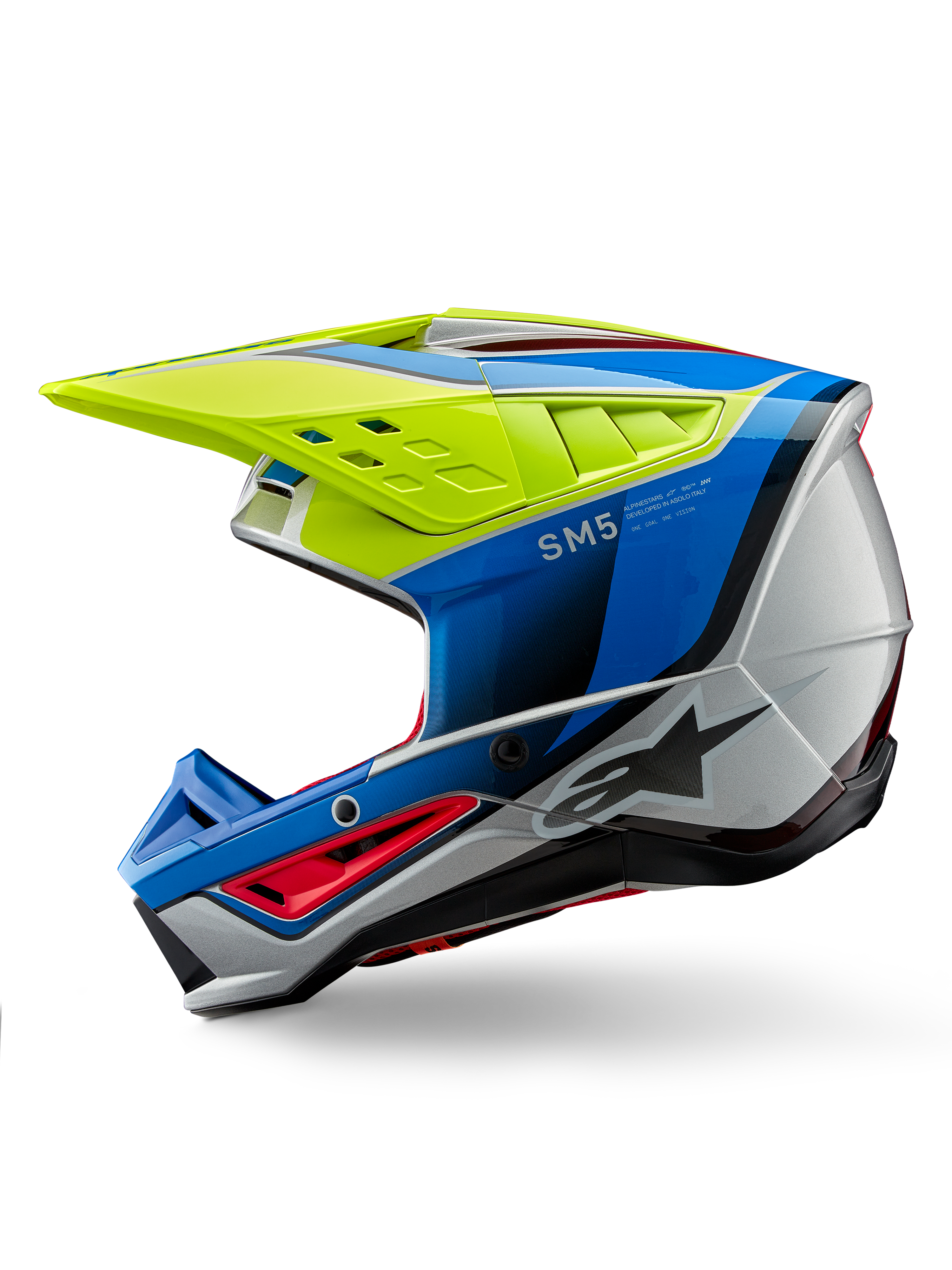 Alpinestars S-M5 Sail Helmet ECE, casco da motocross, giallo fluo, blu smalto e argento lucido, vista laterale, design aerodinamico ed elegante, visiera ventilata, logo Alpinestars in evidenza, protezione per la testa ad alte prestazioni per corse fuoristrada