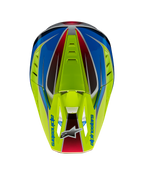 Casco Alpinestars S-M5 Sail ECE, casco da motocross, giallo fluo, blu enamel e argento lucido, vista dall'alto che mette in evidenza la visiera con logo Alpinestars e le prese d'aria integrate