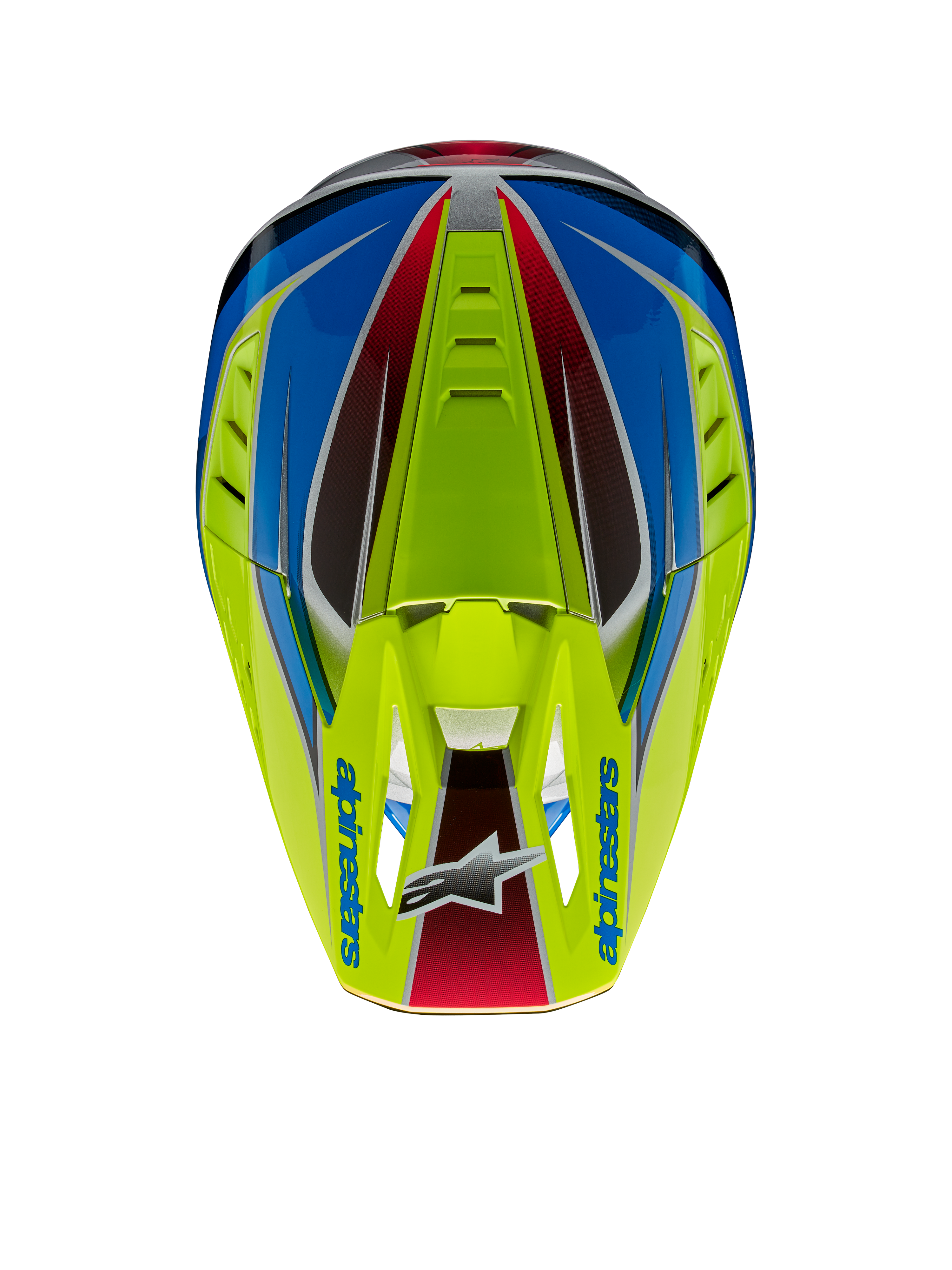 Casco Alpinestars S-M5 Sail ECE, casco da motocross, giallo fluo, blu enamel e argento lucido, vista dall'alto che mette in evidenza la visiera con logo Alpinestars e le prese d'aria integrate