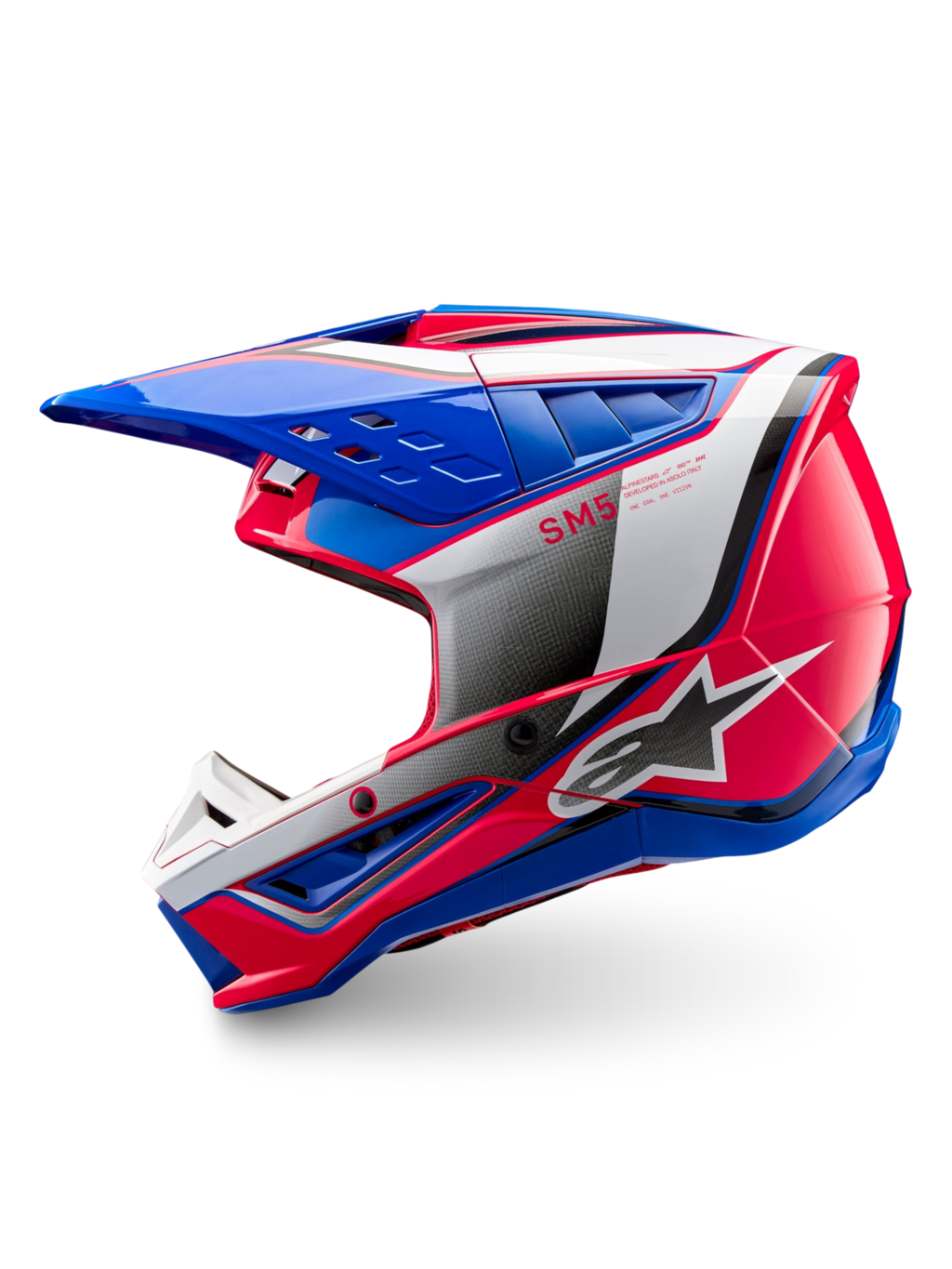 Alpinestars Casco S-M5 Sail ECE 22.06, casco da motocross off-road, blu, rosa e bianco lucido, ventilazione avanzata