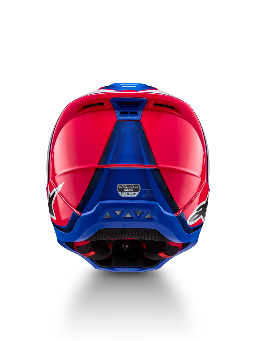 Alpinestars Casco S-M5 Sail ECE 22.06, casco da motocross racing, rosa e blu, vista posteriore con prese d'aria e certificazione ECE 22.06