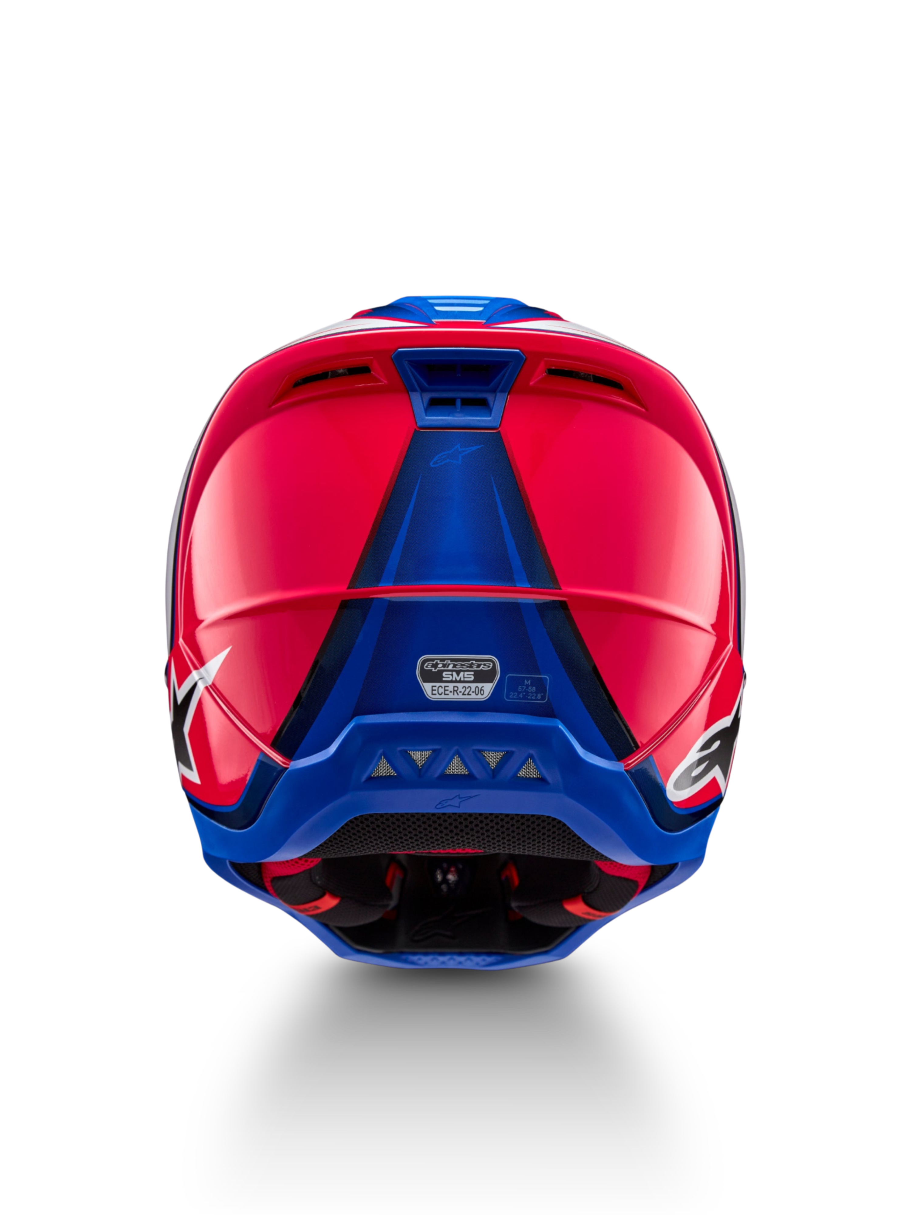 Alpinestars Casco S-M5 Sail ECE 22.06, casco da motocross racing, rosa e blu, vista posteriore con prese d'aria e certificazione ECE 22.06