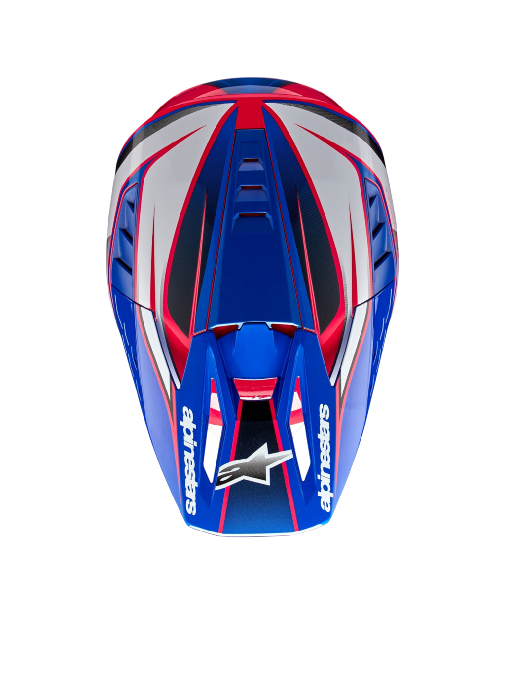 Alpinestars Casco S-M5 Sail ECE 22.06, casco da motocross per off-road, blu smalto, bianco e rosa diva, vista dall'alto con calotta aerodinamica e certificazione ECE 22.06