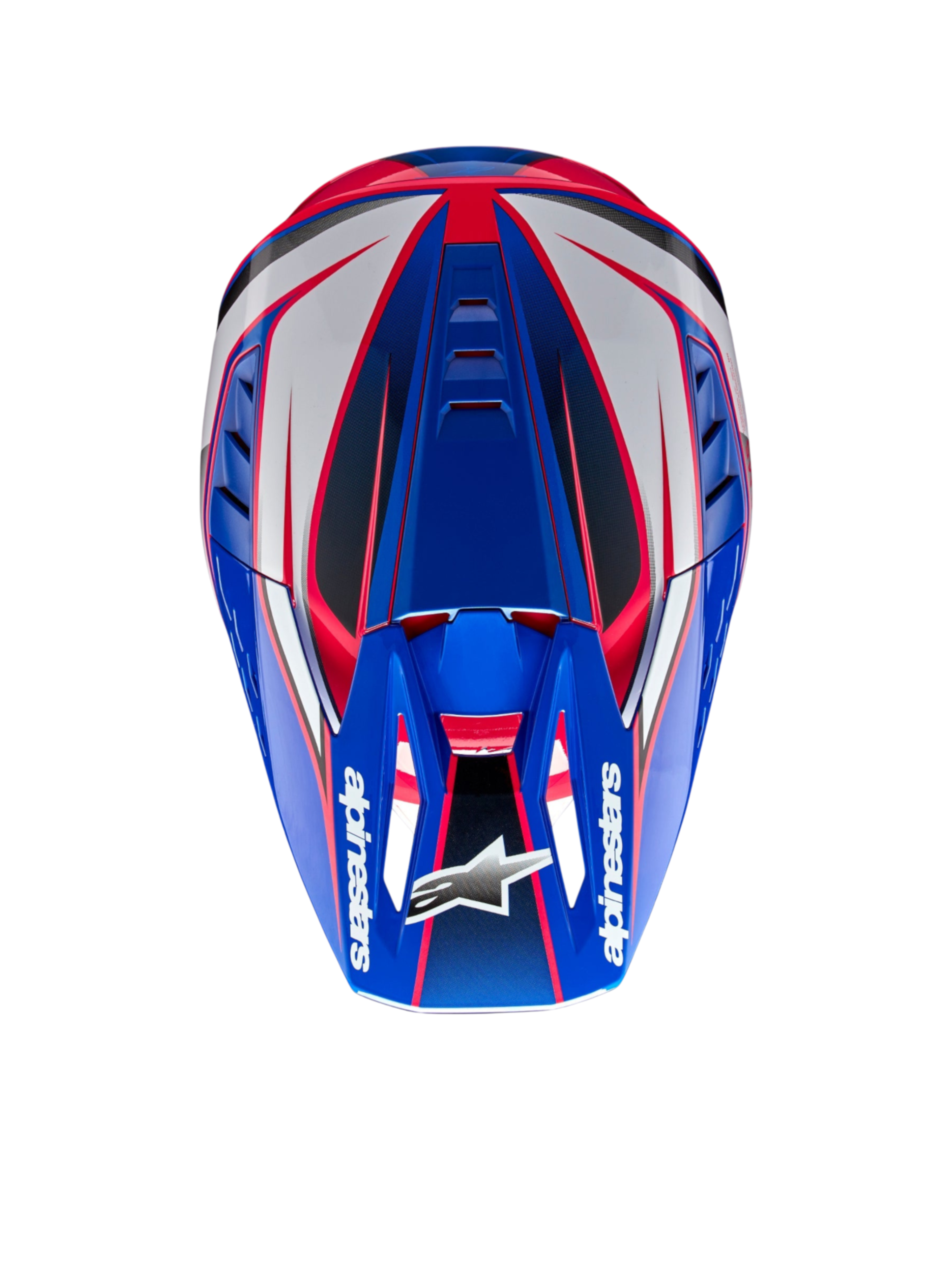 Alpinestars Casco S-M5 Sail ECE 22.06, casco da motocross per off-road, blu smalto, bianco e rosa diva, vista dall'alto con calotta aerodinamica e certificazione ECE 22.06