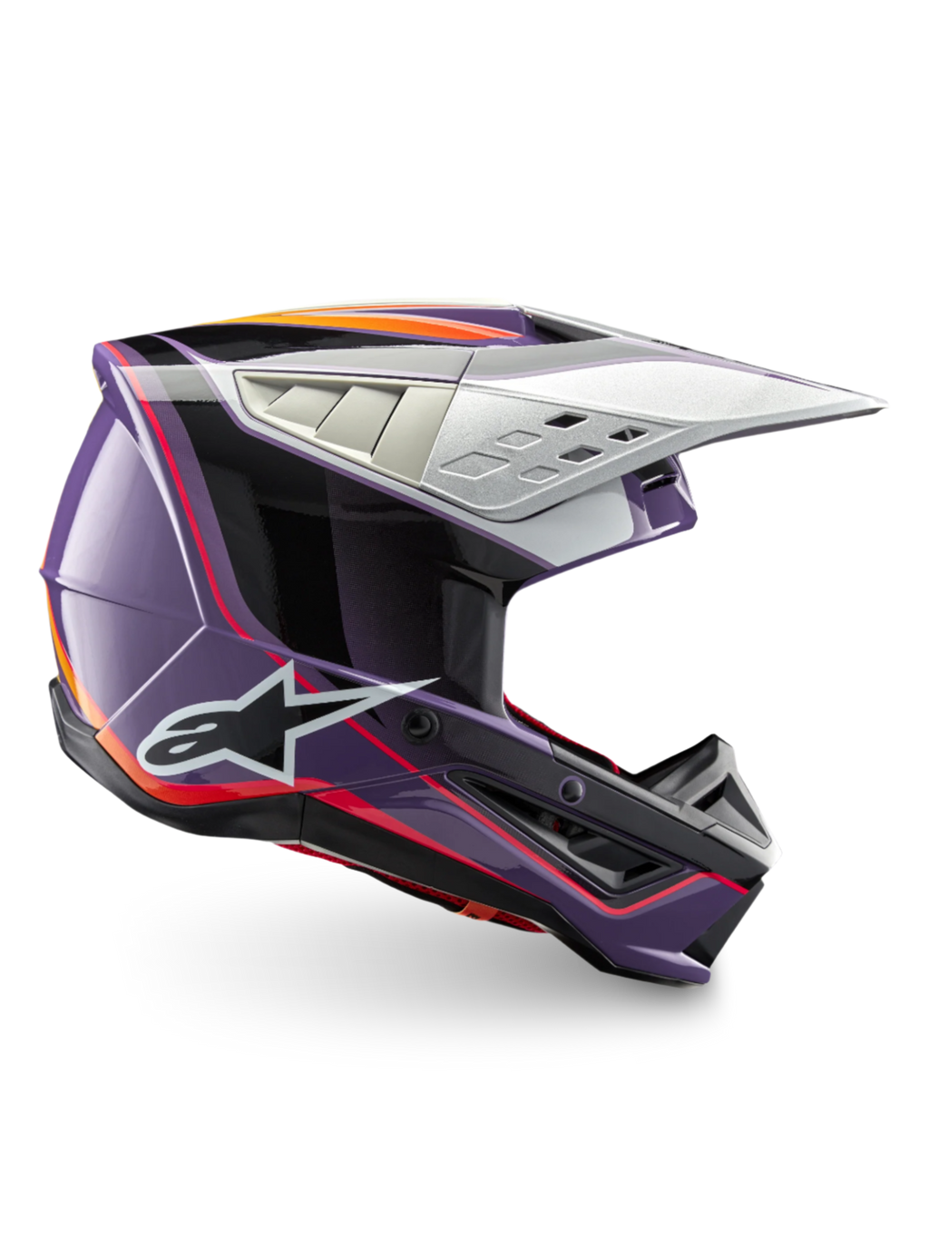 Alpinestars casco S-M5 Sail ECE 22.06, casco da motocross per racing off-road, viola, nero e argento lucido