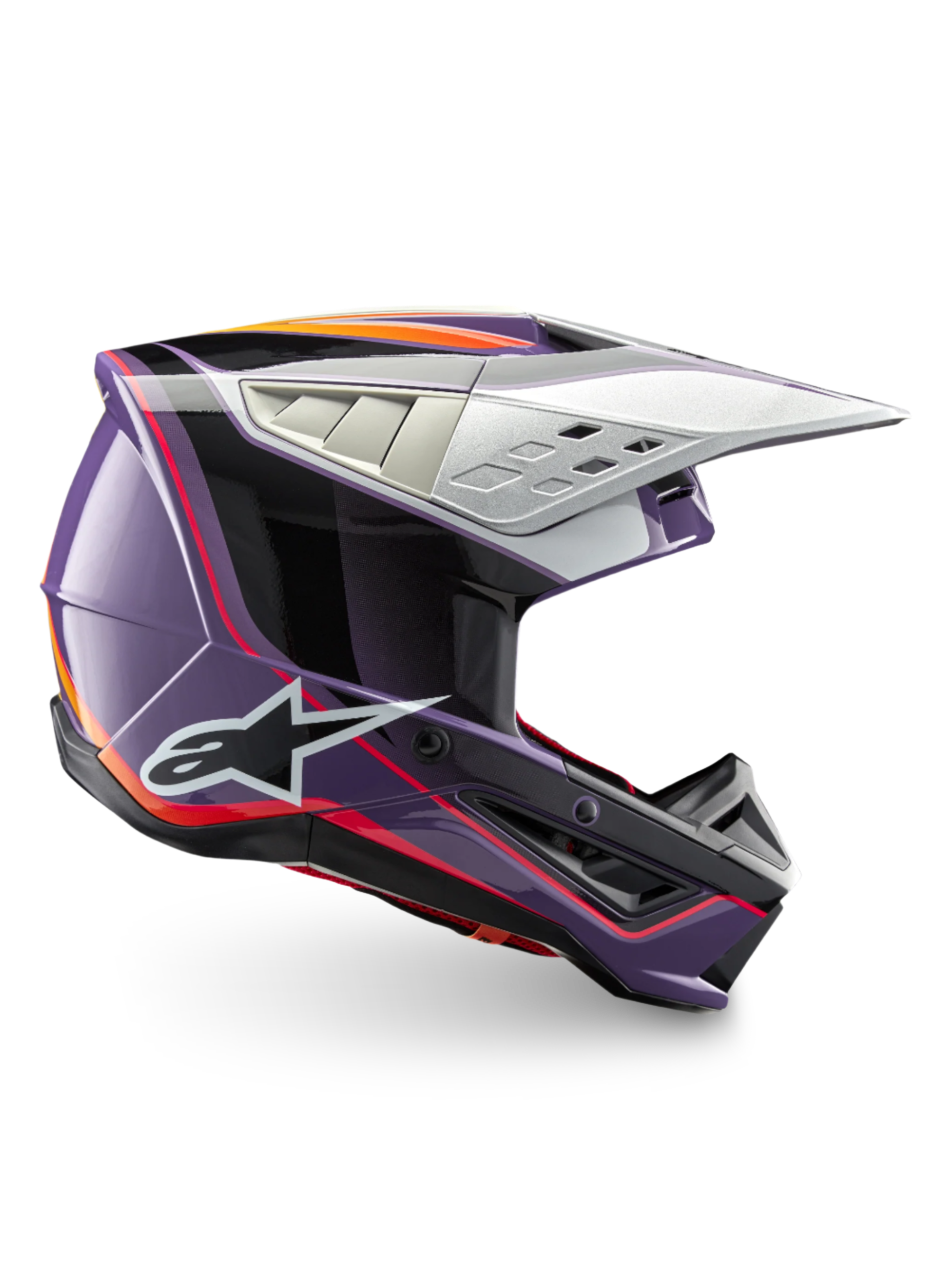 Alpinestars casco S-M5 Sail ECE 22.06, casco da motocross per racing off-road, viola, nero e argento lucido