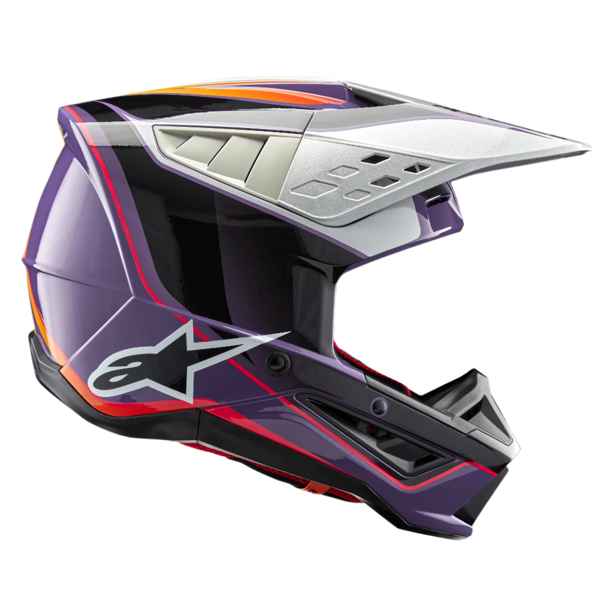 Casco Alpinestars S-M5 Sail ECE, casco da motocross, viola, nero e argento lucido, con vivaci grafiche arancioni e rosse, visiera argentata ventilata, calotta aerodinamica con logo a stella bianco, protezione professionale per gare fuoristrada