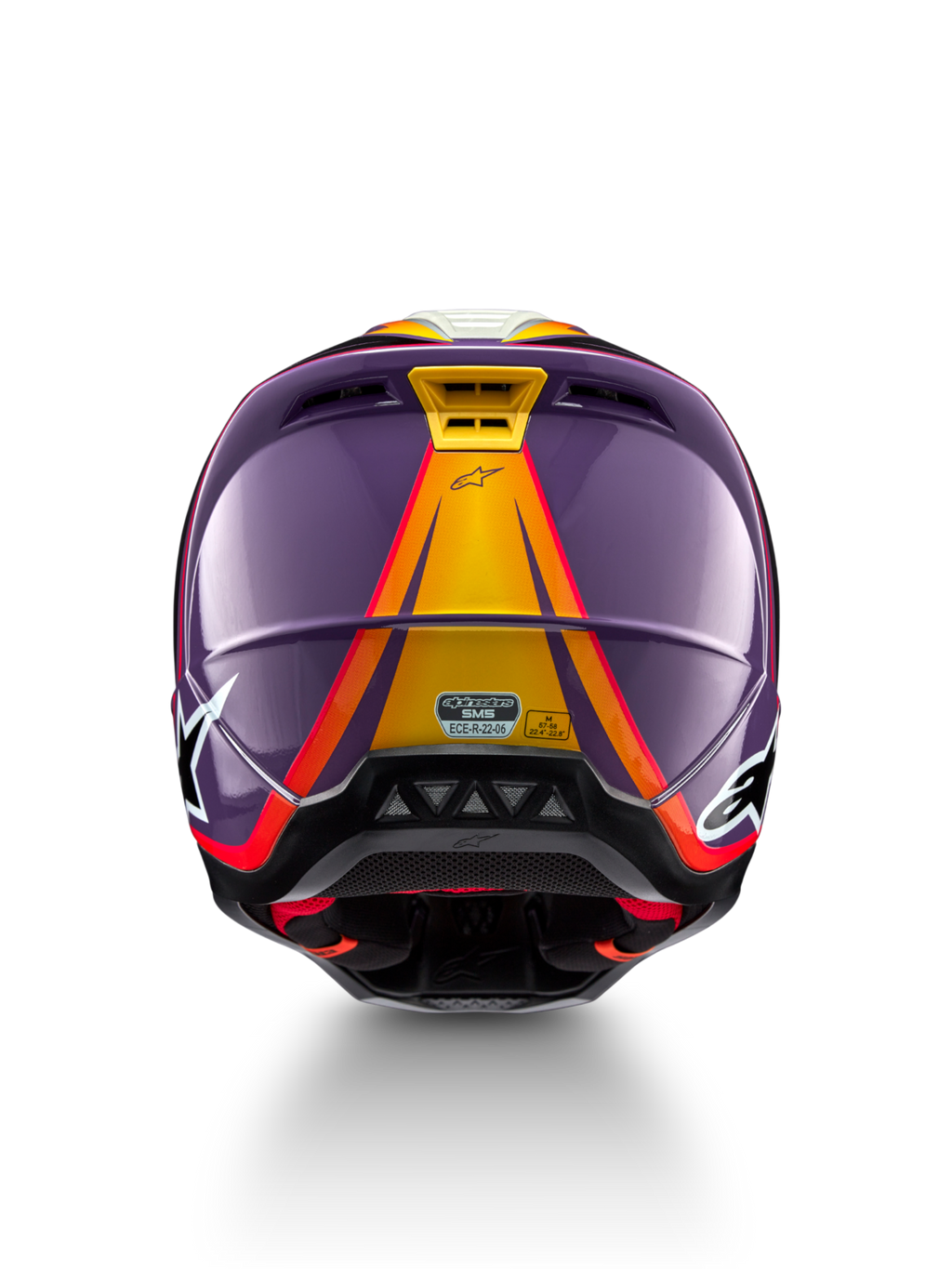 Alpinestars Casco S-M5 Sail, casco da motocross viola e giallo, taglia M, certificato ECE 22.06, vista posteriore