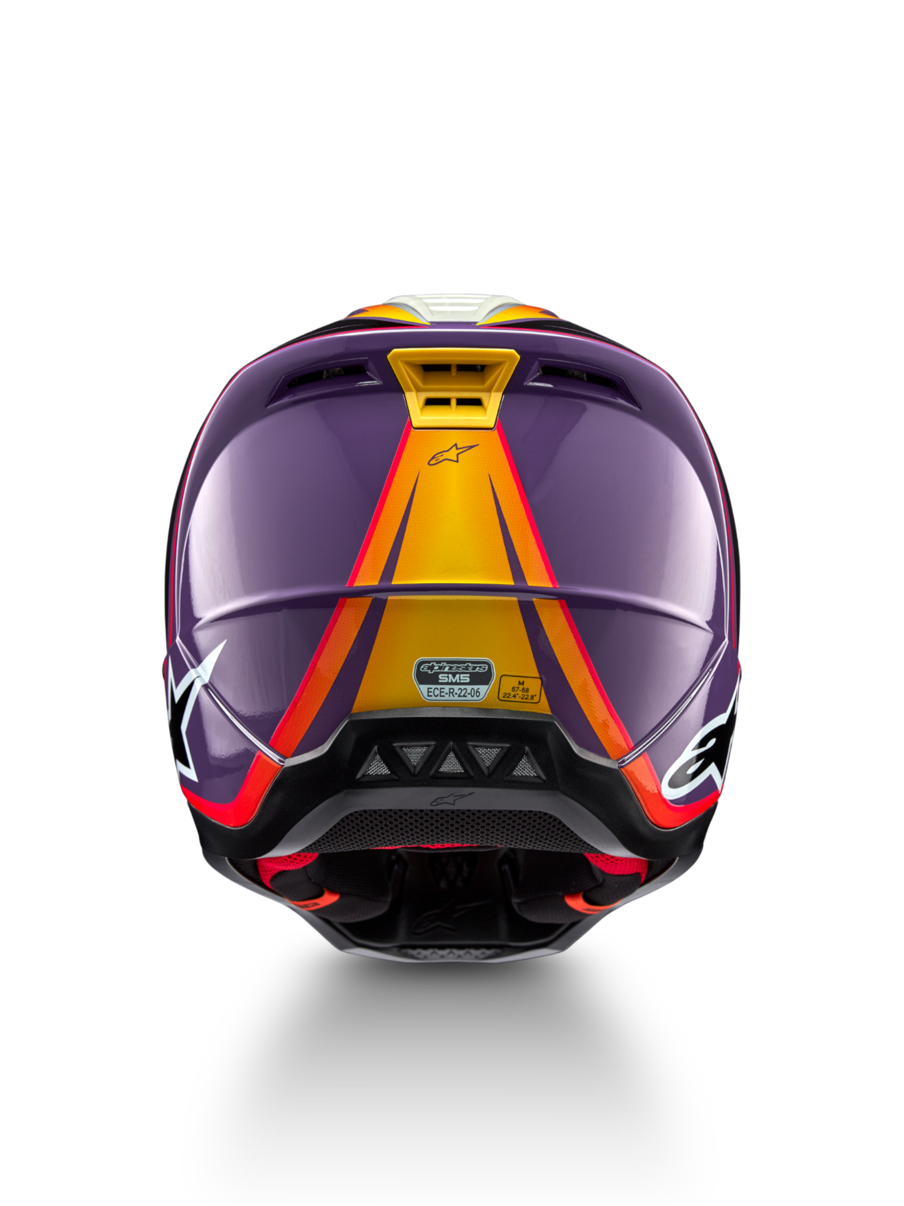 Alpinestars Casco S-M5 Sail, casco da motocross viola e giallo, taglia M, certificato ECE 22.06, vista posteriore
