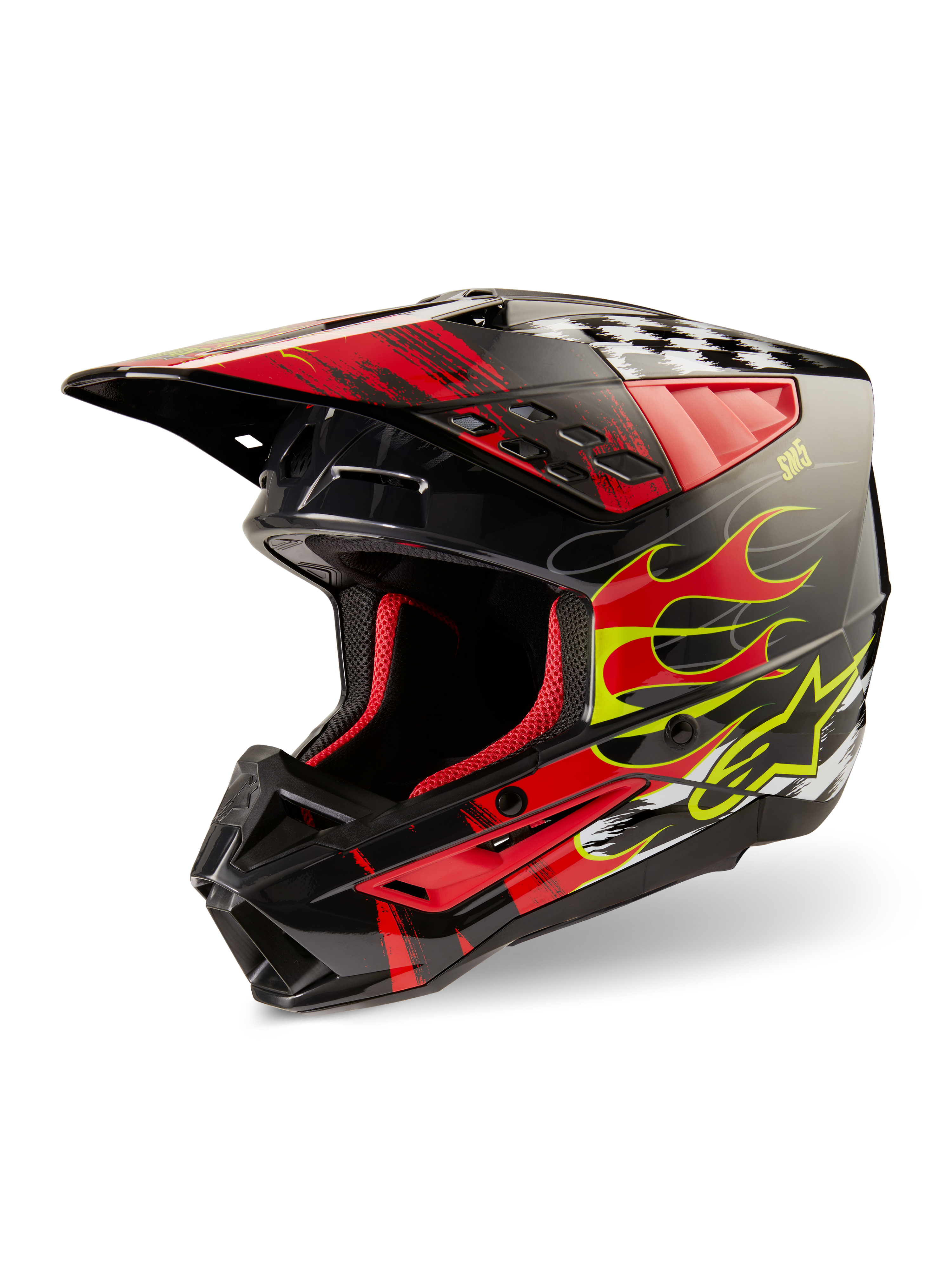 Alpinestars S-M5 Rash Helmet ECE, Motocross Helmet, Dark Gray and Bright Red Glossy, featuring yellow and red flame graphics, red interior padding, aerodynamic design with integrated visor and ventilation ports