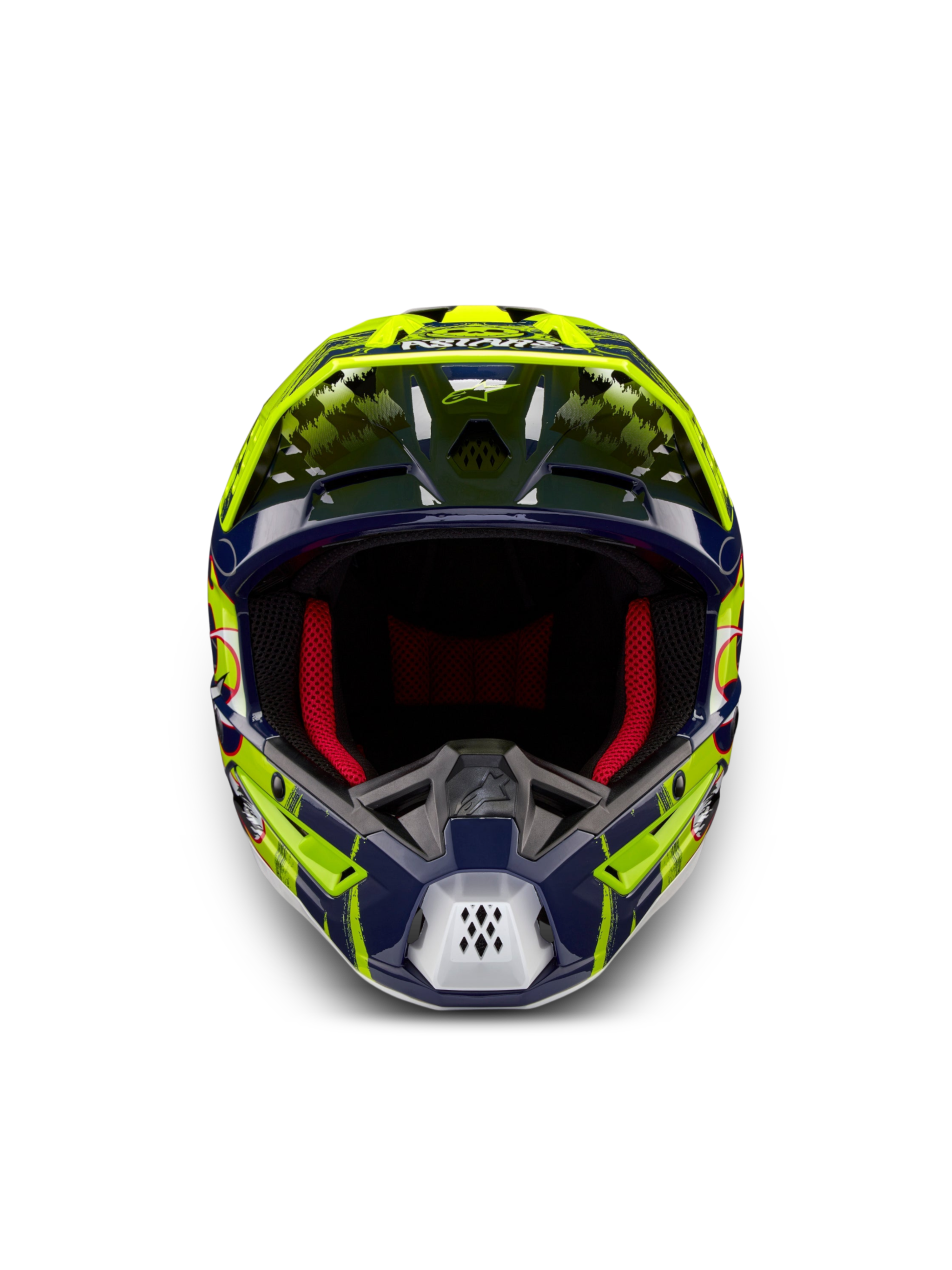Alpinestars Casco S-M5 Rash ECE 22.06, casco da motocross off-road, notte marina e giallo fluo, vista frontale con imbottitura rossa, certificato ECE 22.06