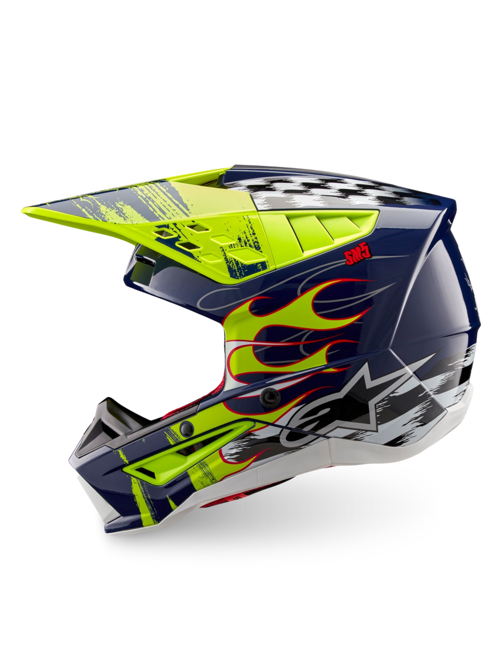 Alpinestars Casco S-M5 Rash ECE 22.06, casco da motocross, blu notte e giallo fluo lucido, grafica a fiamme e scacchi, certificato CE