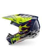 Alpinestars Casco S-M5 Rash ECE 22.06, casco da motocross, blu notte e giallo fluo lucido, grafica a fiamme e scacchi, certificato CE