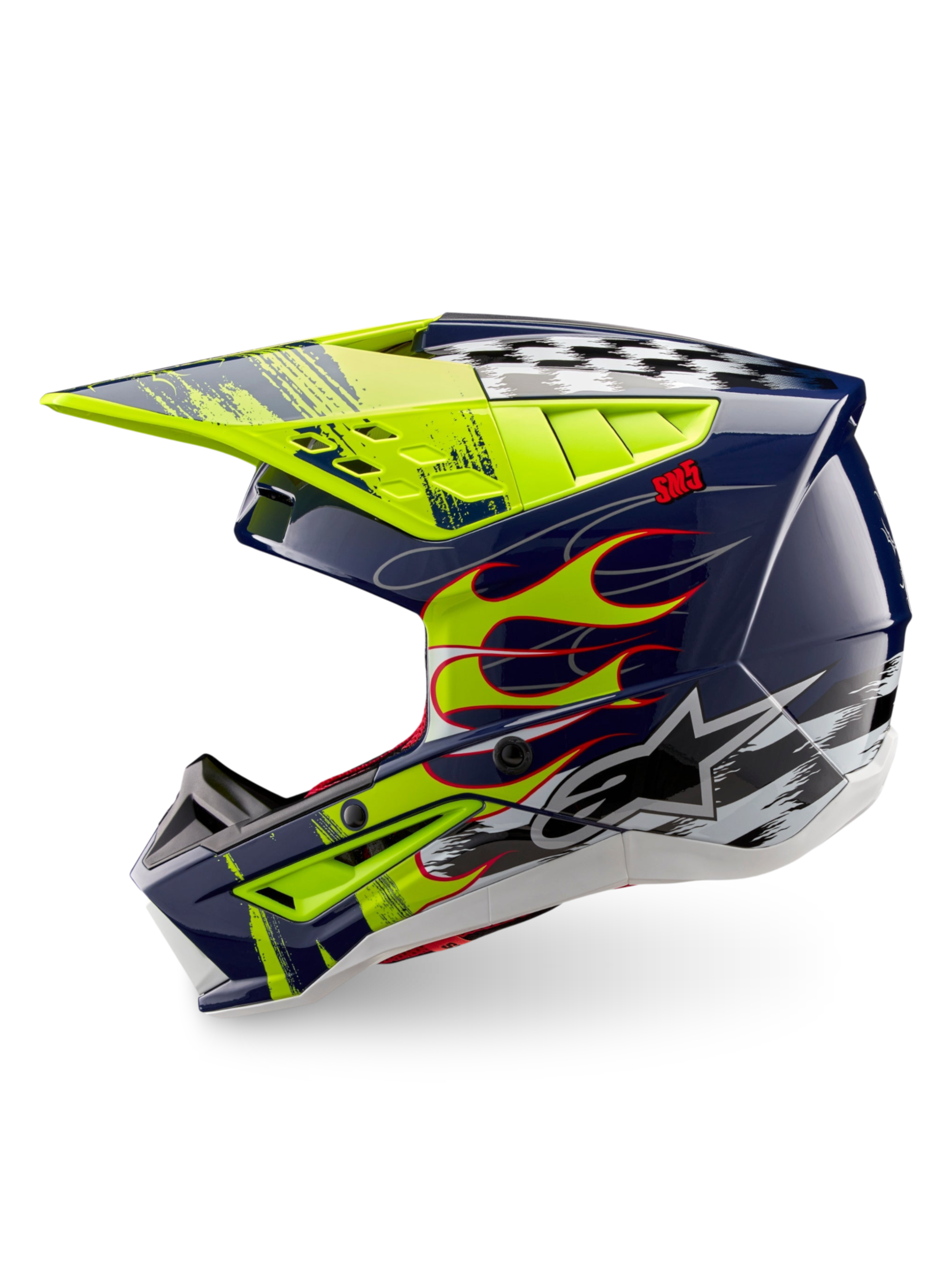 Alpinestars Casco S-M5 Rash ECE 22.06, casco da motocross, blu notte e giallo fluo lucido, grafica a fiamme e scacchi, certificato CE