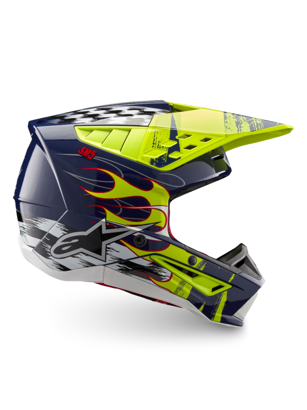 Alpinestars Casco S-M5 Rash ECE 22.06, casco da motocross blu notte e giallo fluo lucido con fiamme, protezione fuoristrada.