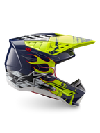 Alpinestars Casco S-M5 Rash ECE 22.06, casco da motocross blu notte e giallo fluo lucido con fiamme, protezione fuoristrada.