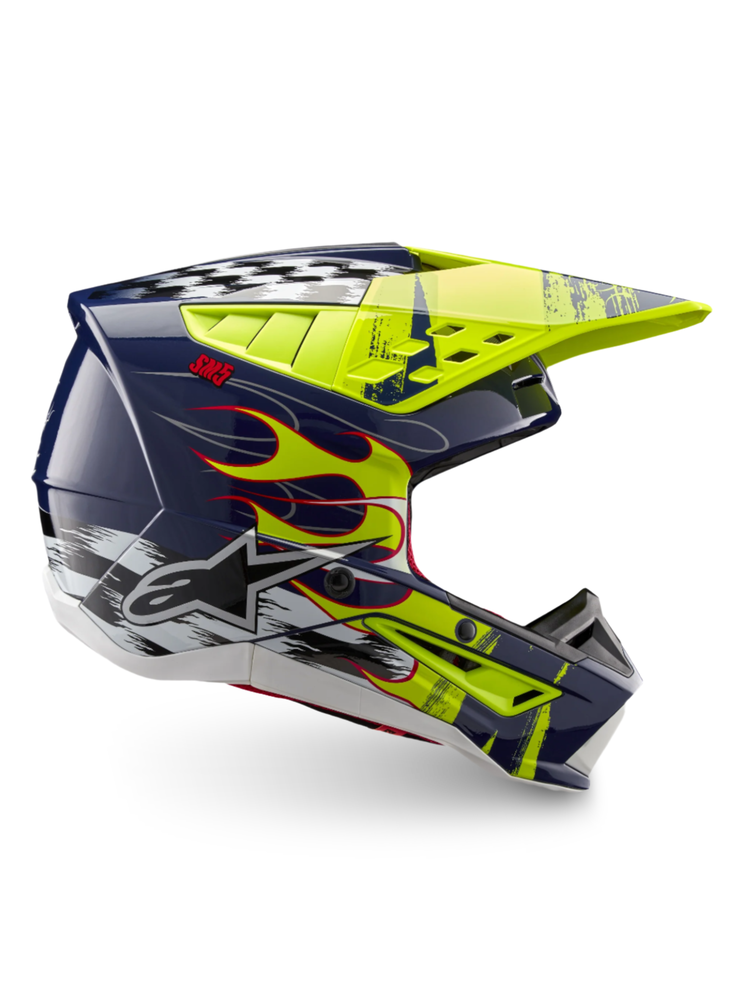 Alpinestars Casco S-M5 Rash ECE 22.06, casco da motocross blu notte e giallo fluo lucido con fiamme, protezione fuoristrada.