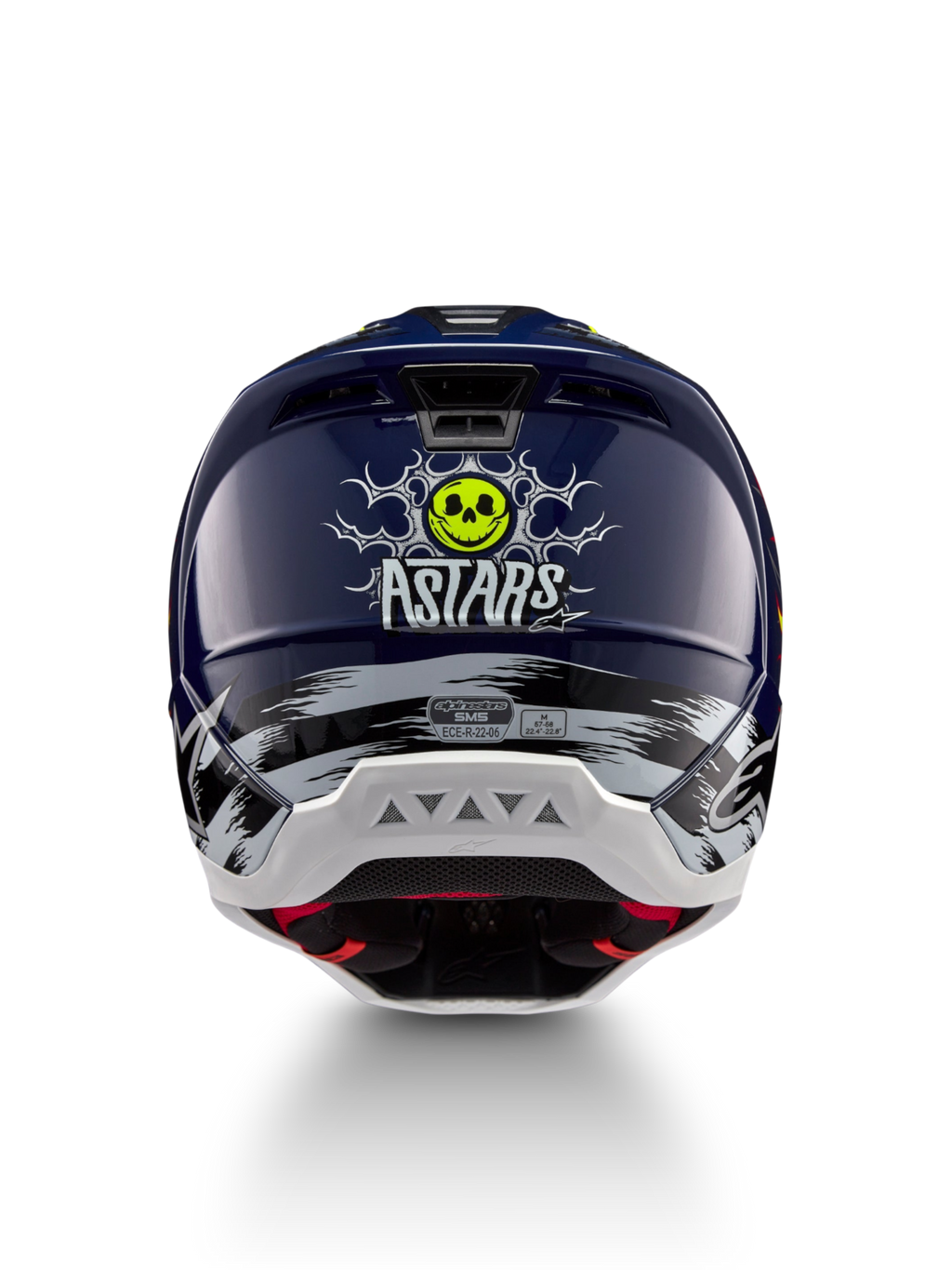 Alpinestars Casco S-M5 Rash ECE 22.06, casco da motocross blu notte e giallo fluo con grafica teschio posteriore