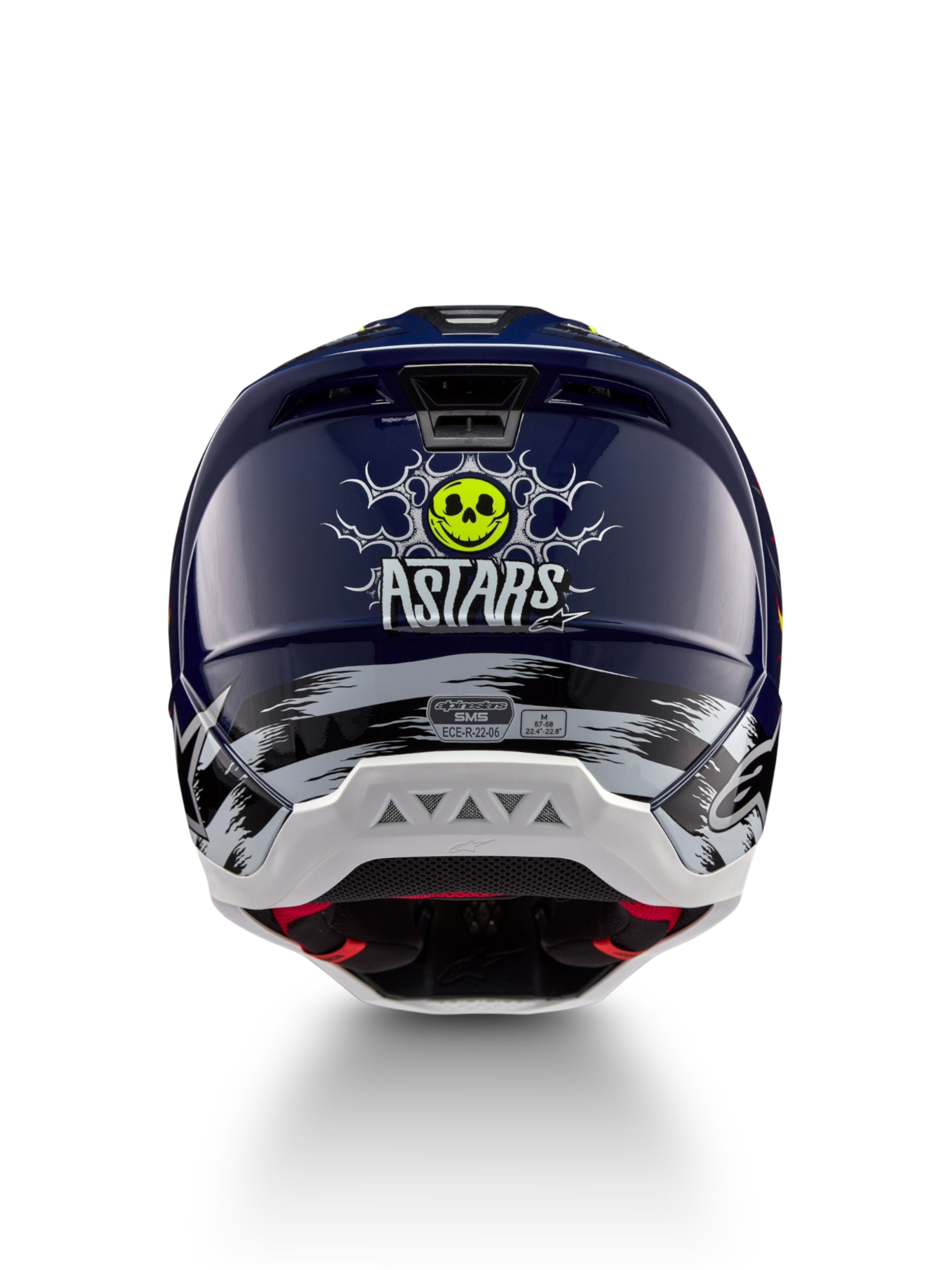 Alpinestars Casco S-M5 Rash ECE 22.06, casco da motocross blu notte e giallo fluo con grafica teschio posteriore