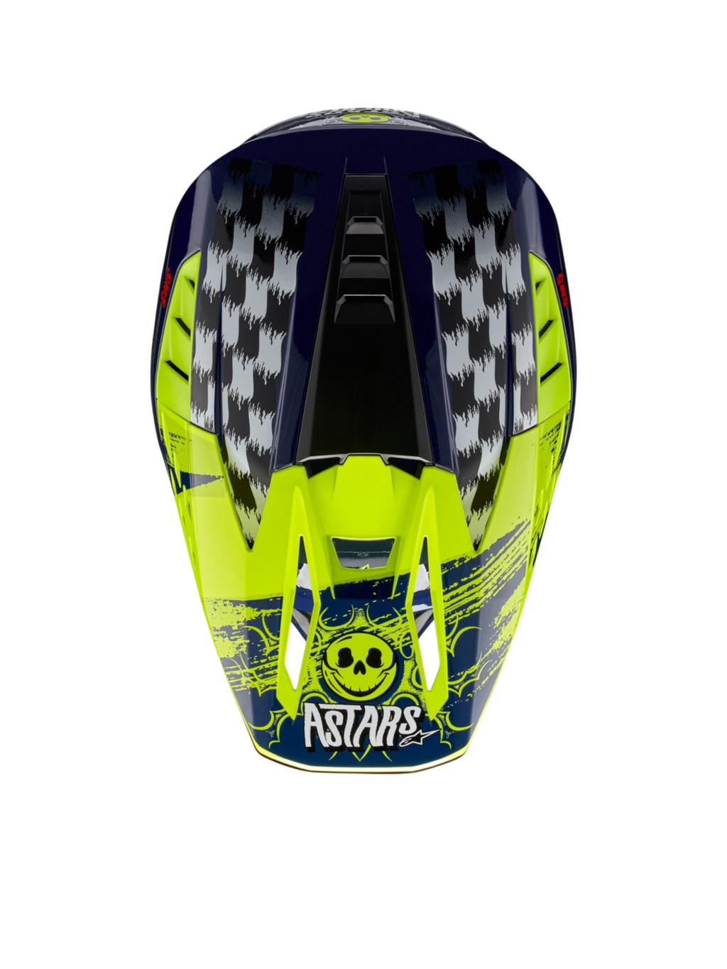 Alpinestars Casco S-M5 Rash, casco da motocross blu notte e giallo fluo con grafica a scacchi e logo Astars con teschio.