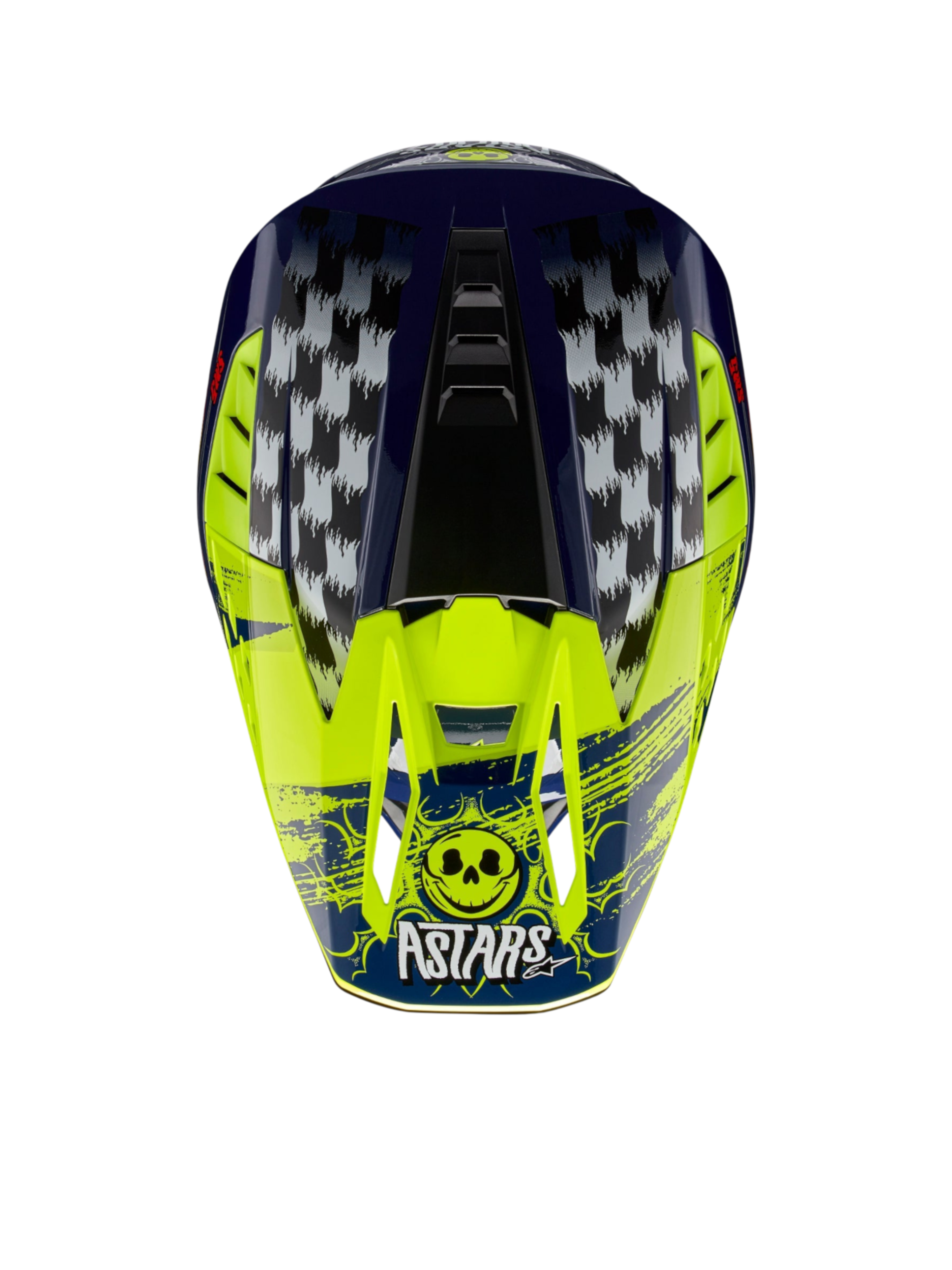 Alpinestars Casco S-M5 Rash, casco da motocross blu notte e giallo fluo con grafica a scacchi e logo Astars con teschio.
