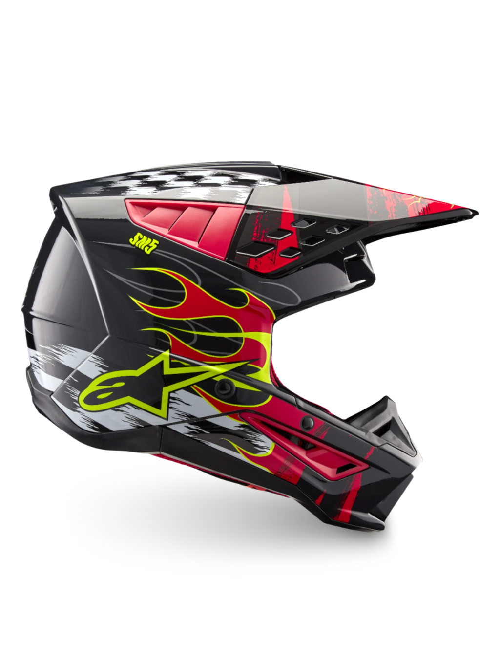 Alpinestars Casco S-M5 Rash ECE 22.06, casco da motocross unisex, grigio scuro e rosso brillante lucido, grafiche a fiamme e calotta leggera.