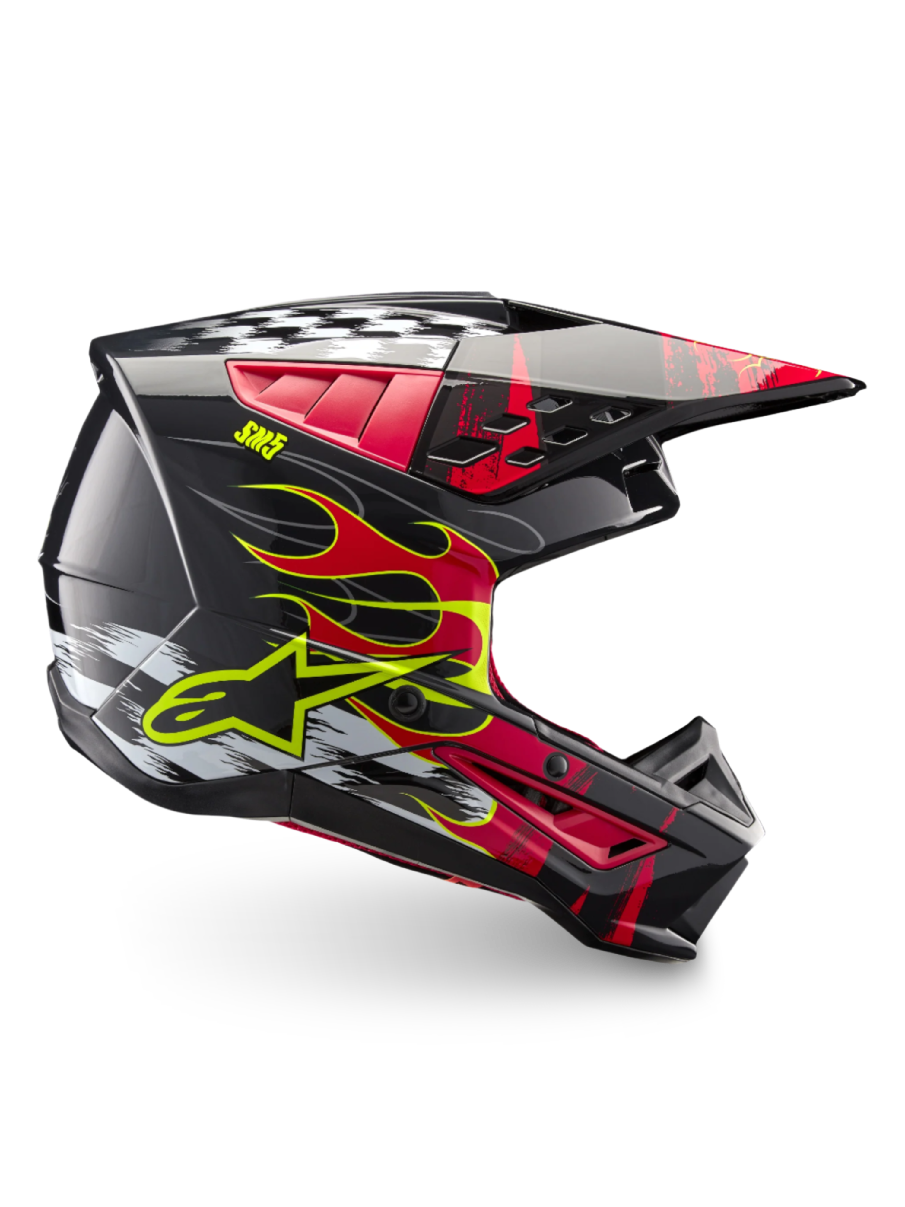 Alpinestars Casco S-M5 Rash ECE 22.06, casco da motocross unisex, grigio scuro e rosso brillante lucido, grafiche a fiamme e calotta leggera.