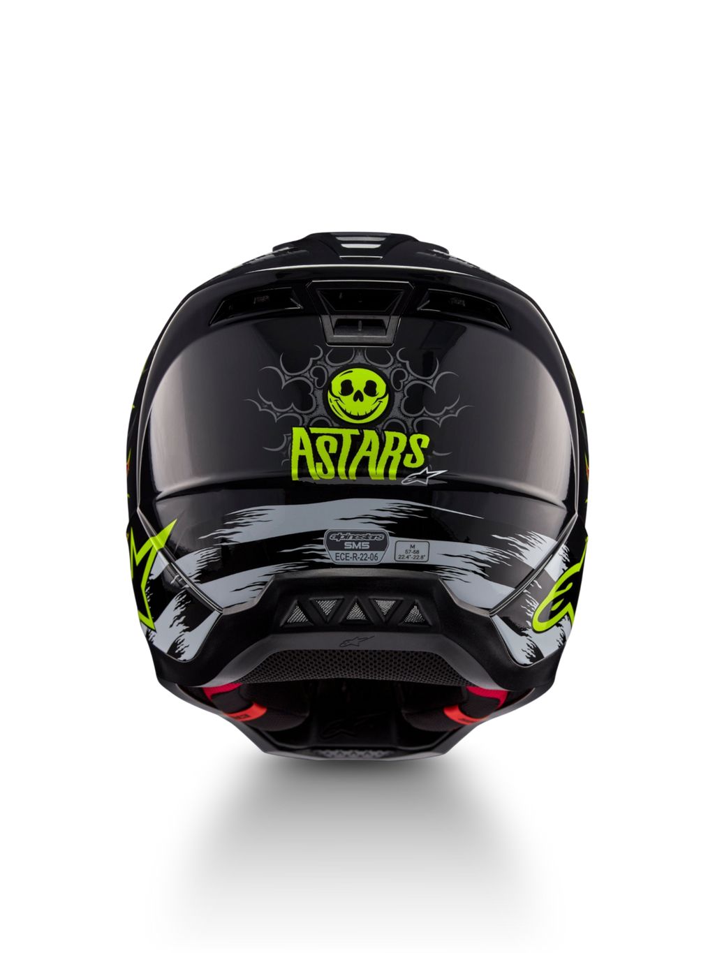 Alpinestars casco S-M5 Rash, casco da motocross nero e giallo neon con teschio, vista posteriore, certificato ECE 22.06.