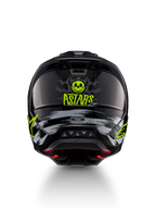 Alpinestars casco S-M5 Rash, casco da motocross nero e giallo neon con teschio, vista posteriore, certificato ECE 22.06.