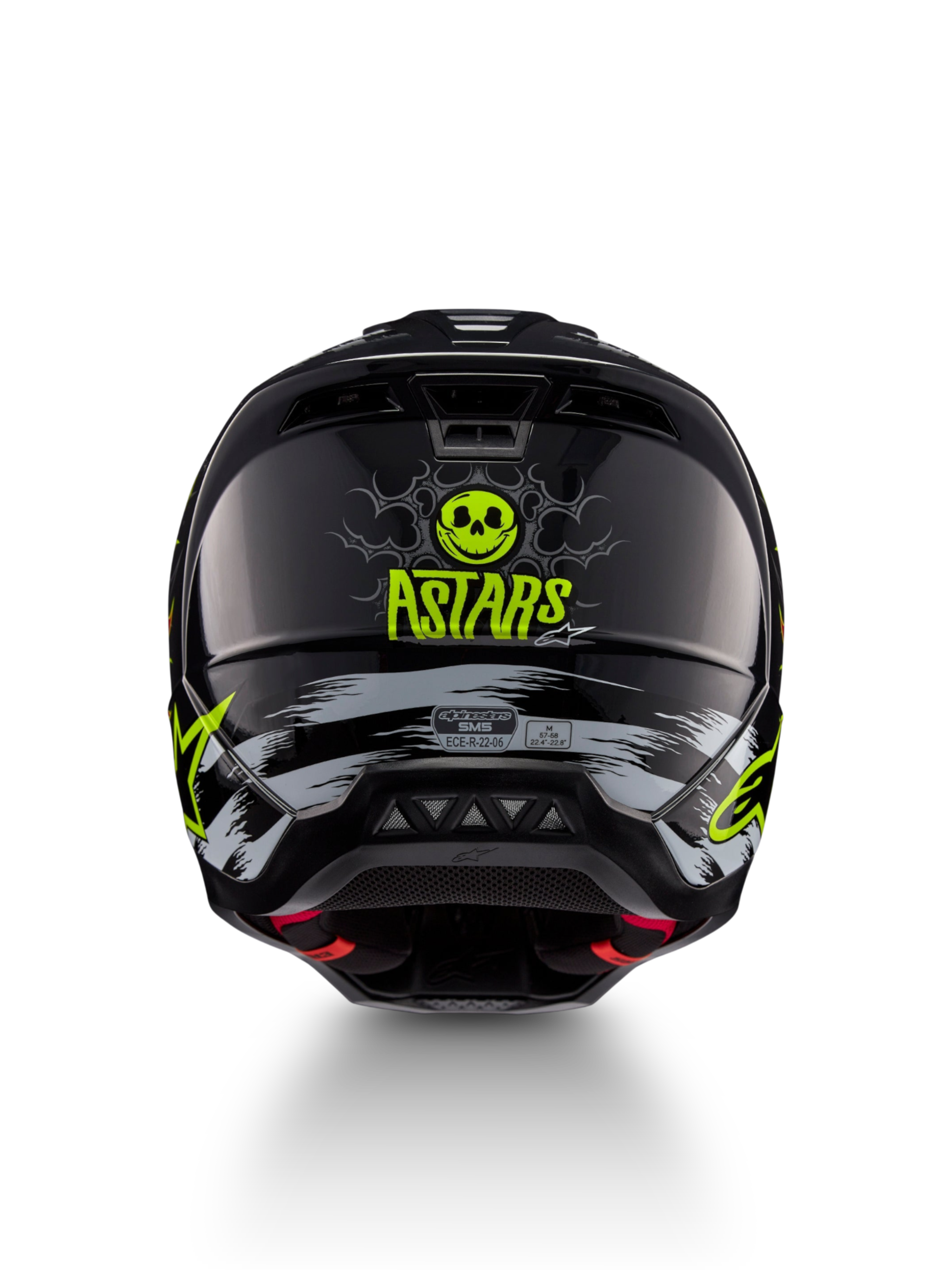 Alpinestars casco S-M5 Rash, casco da motocross nero e giallo neon con teschio, vista posteriore, certificato ECE 22.06.