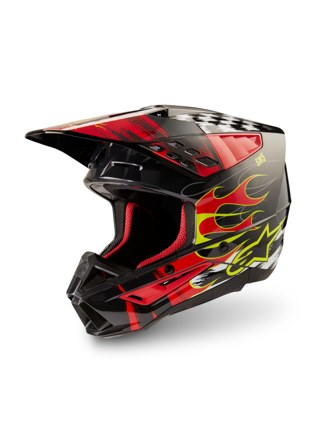 Alpinestars Casco S-M5 Rash ECE 22.06, casco motocross grigio scuro e rosso lucido con fiamme, certificato ECE