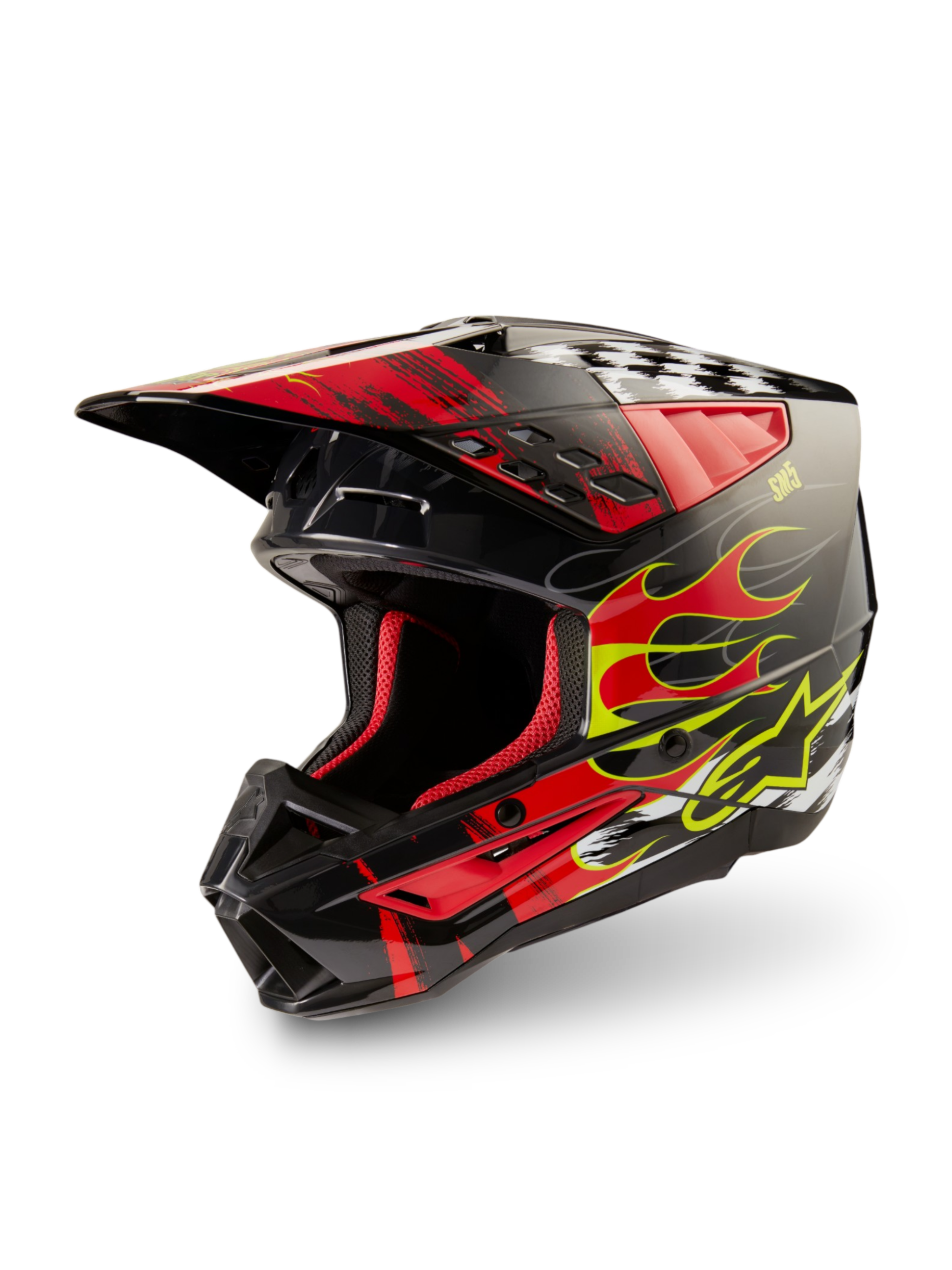 Alpinestars Casco S-M5 Rash ECE 22.06, casco motocross grigio scuro e rosso lucido con fiamme, certificato ECE