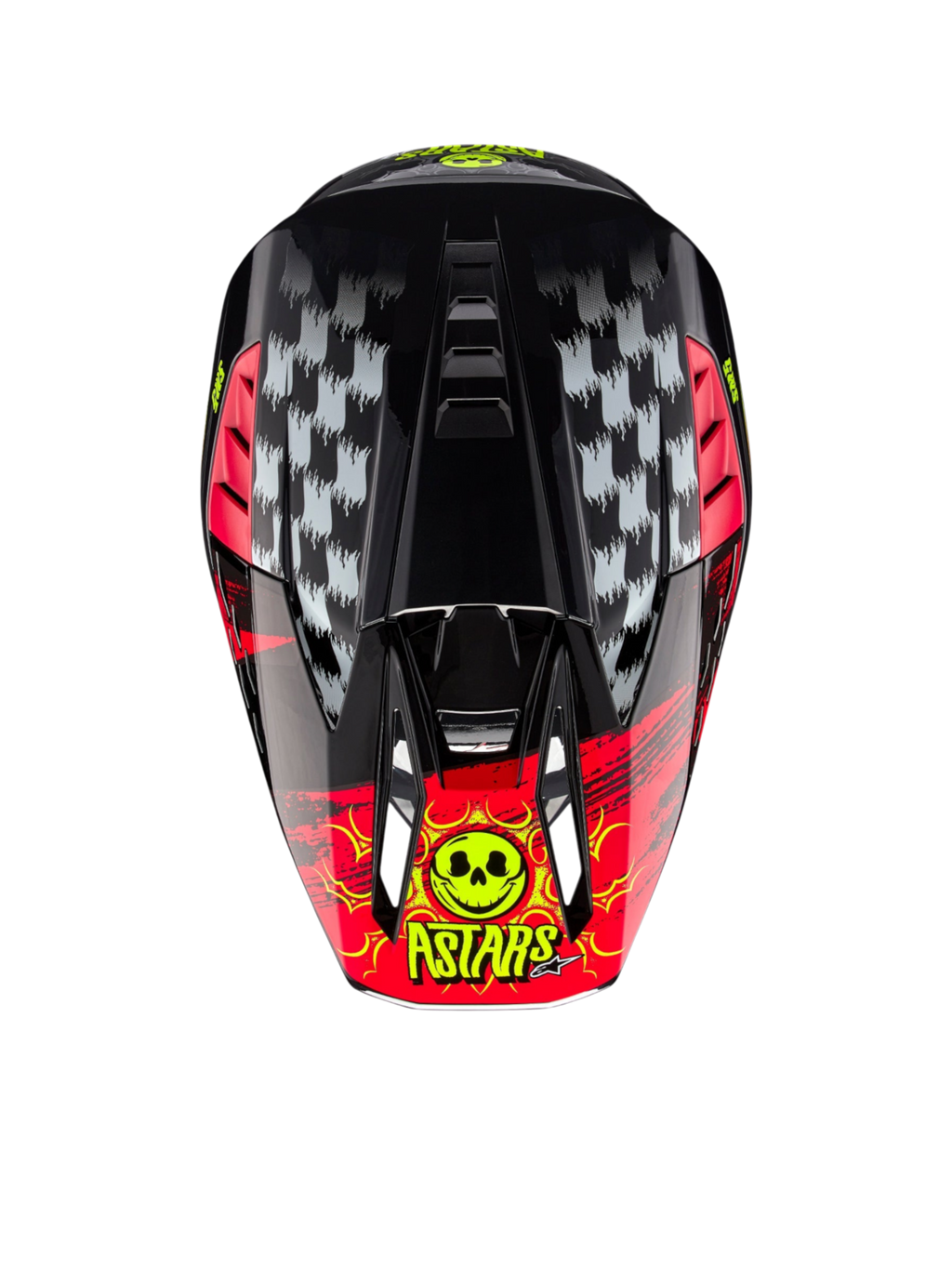 Alpinestars casco S-M5 Rash ECE 22.06, casco da motocross grigio scuro e rosso brillante, vista dall'alto con grafica teschio.