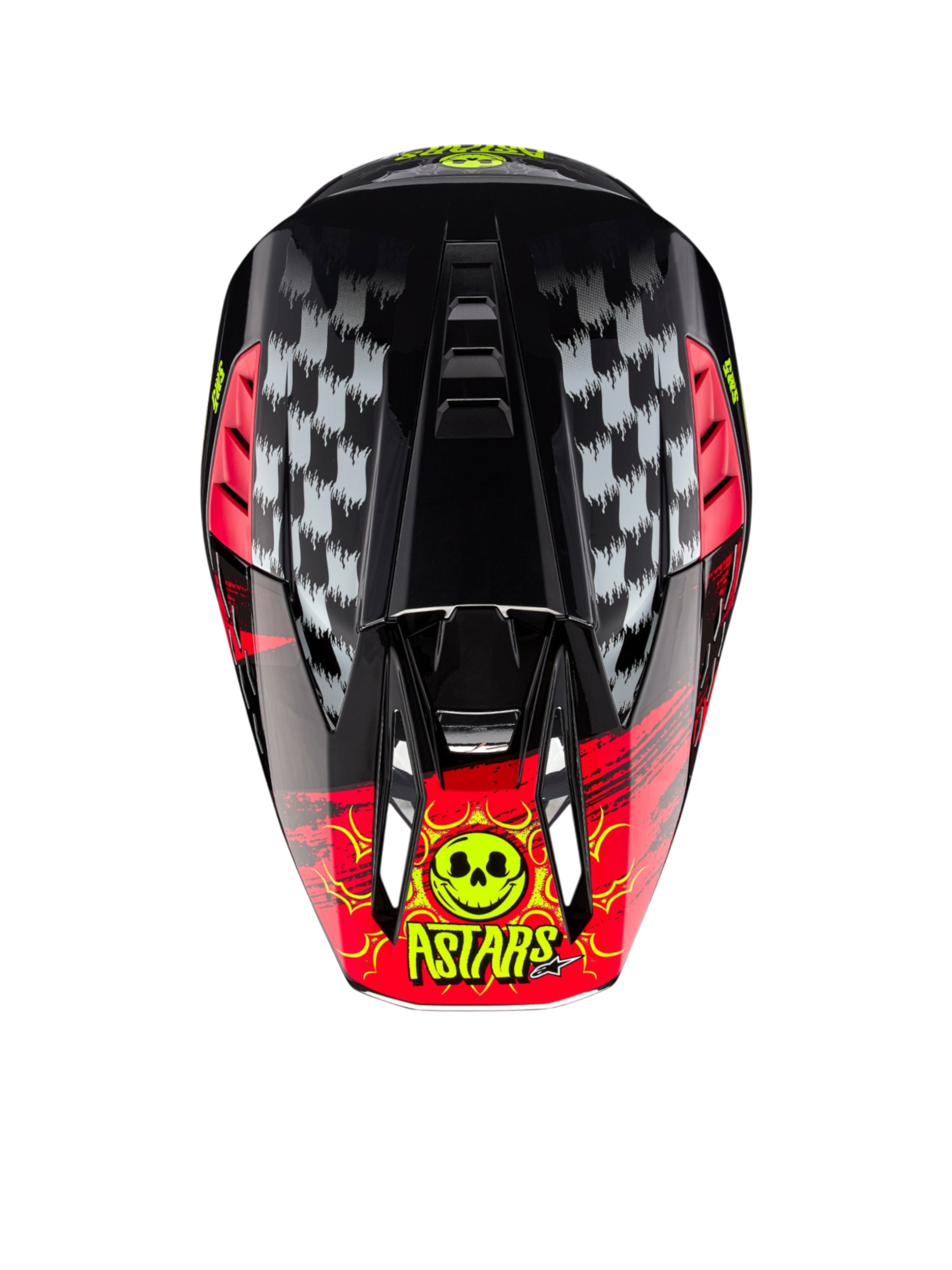 Alpinestars casco S-M5 Rash ECE 22.06, casco da motocross grigio scuro e rosso brillante, vista dall'alto con grafica teschio.