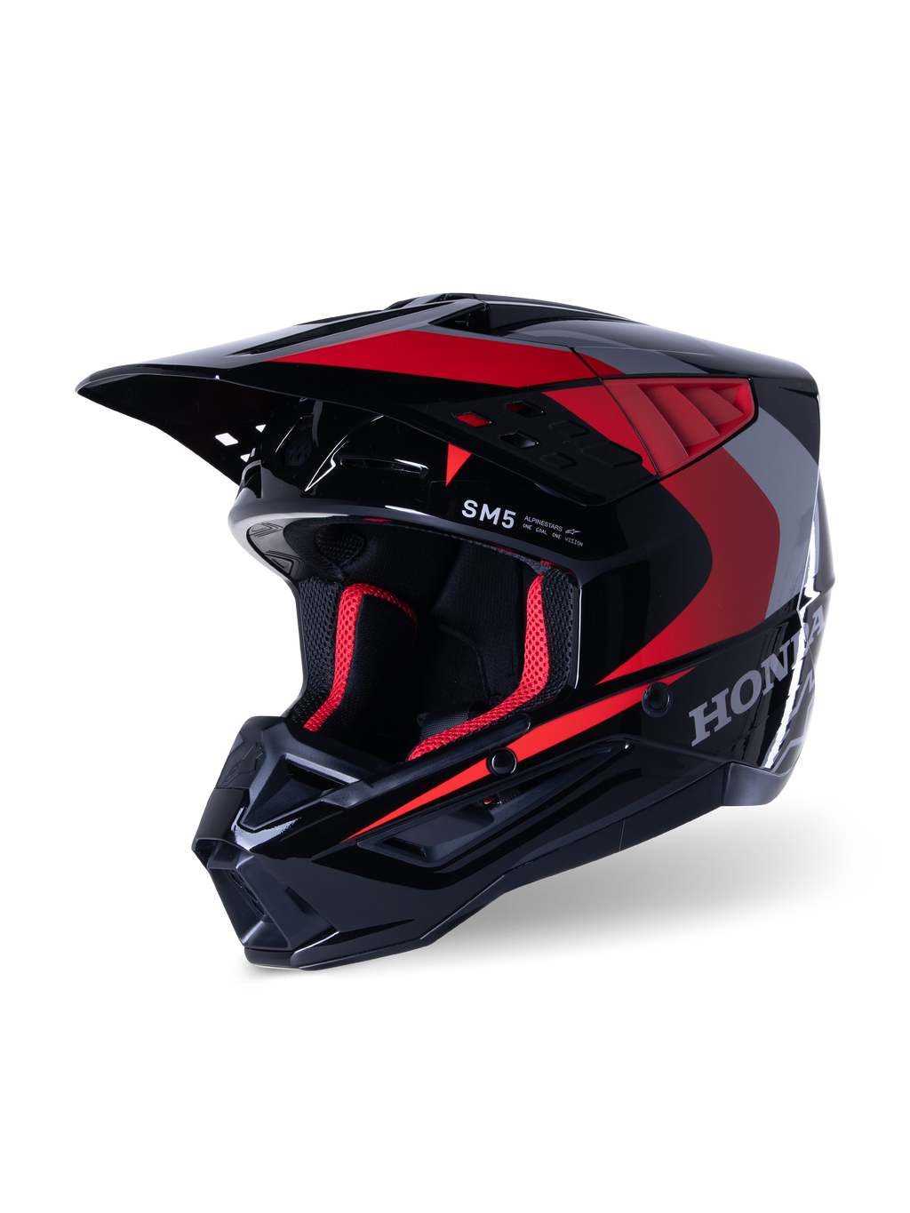 Casco Alpinestars Honda S-M5, casco da motocross, nero rosso lucido, con grafiche Honda argentate e logo SM5, profilo aerodinamico con ampie prese d'aria e frontino regolabile, progettato per le corse fuoristrada