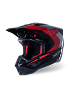 Casco Alpinestars Honda S-M5, casco da motocross, nero rosso lucido, con grafiche Honda argentate e logo SM5, profilo aerodinamico con ampie prese d'aria e frontino regolabile, progettato per le corse fuoristrada