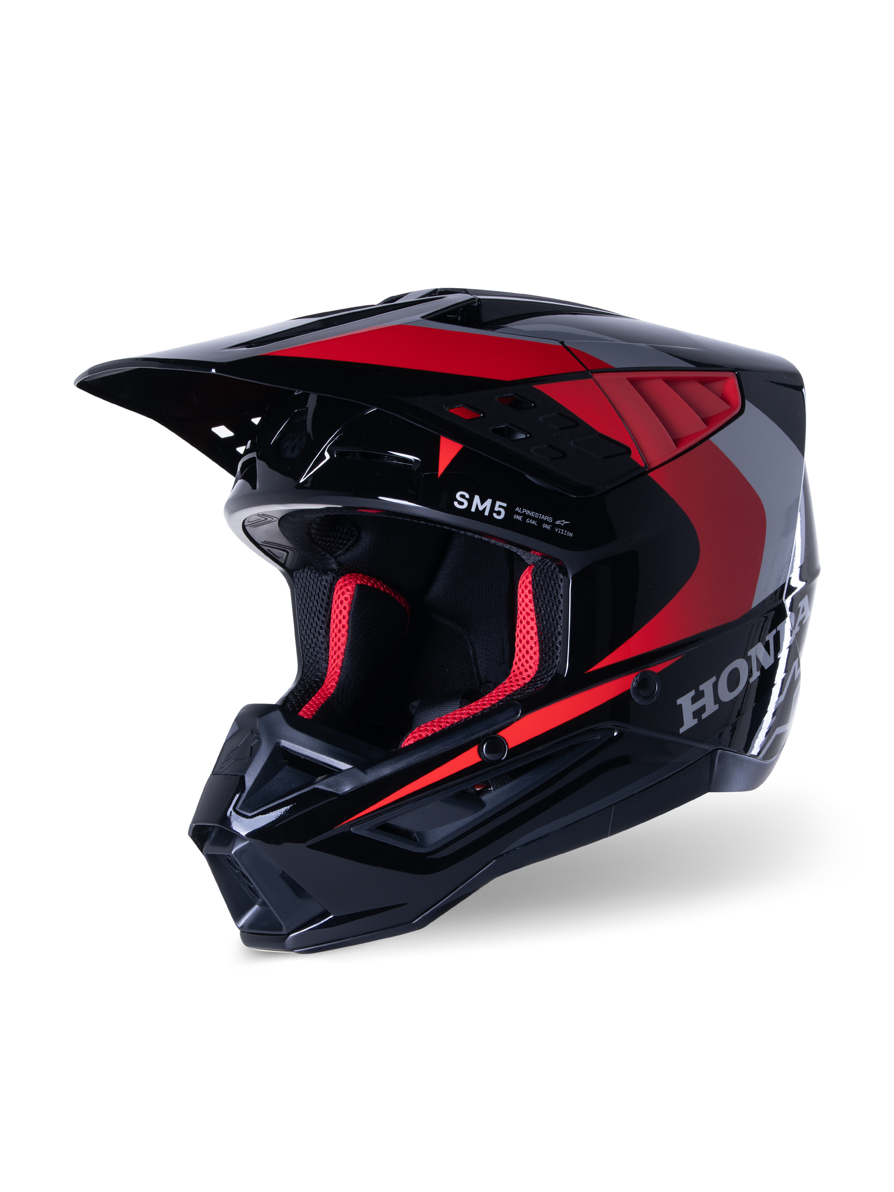 Casco Alpinestars Honda S-M5, casco da motocross, nero rosso lucido, con grafiche Honda argentate e logo SM5, profilo aerodinamico con ampie prese d'aria e frontino regolabile, progettato per le corse fuoristrada