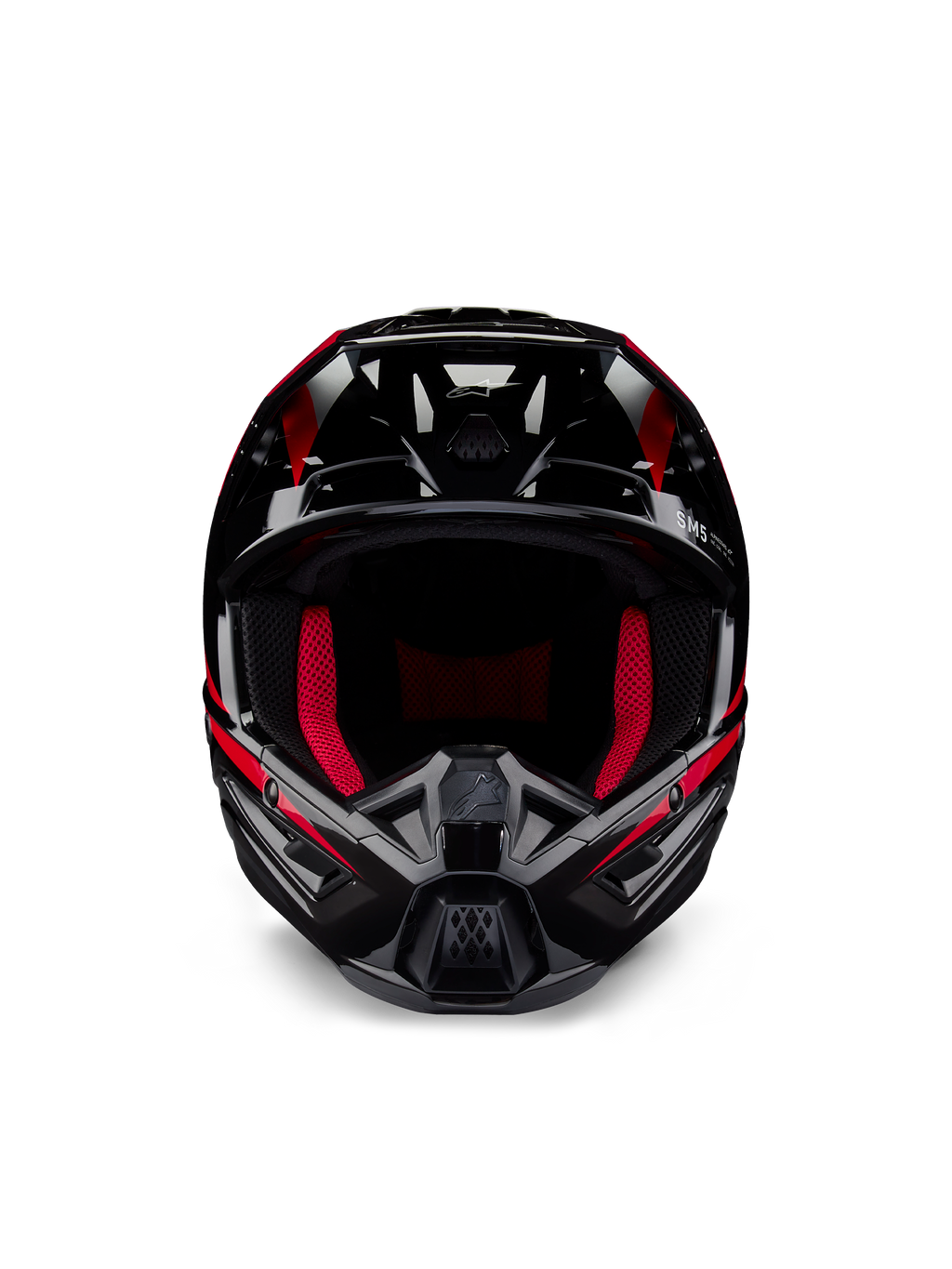 Casco Alpinestars Honda S-M5 ECE, casco da motocross, nero e rosso lucido, vista frontale con finitura nera lucida e grafiche rosse, imbottitura interna rosso vivace, design angolare con molteplici prese d'aria, protezione ad alte prestazioni per il motocross