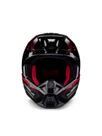 Casco Alpinestars Honda S-M5 ECE, casco da motocross, nero e rosso lucido, vista frontale con finitura nera lucida e grafiche rosse, imbottitura interna rosso vivace, design angolare con molteplici prese d'aria, protezione ad alte prestazioni per il motocross