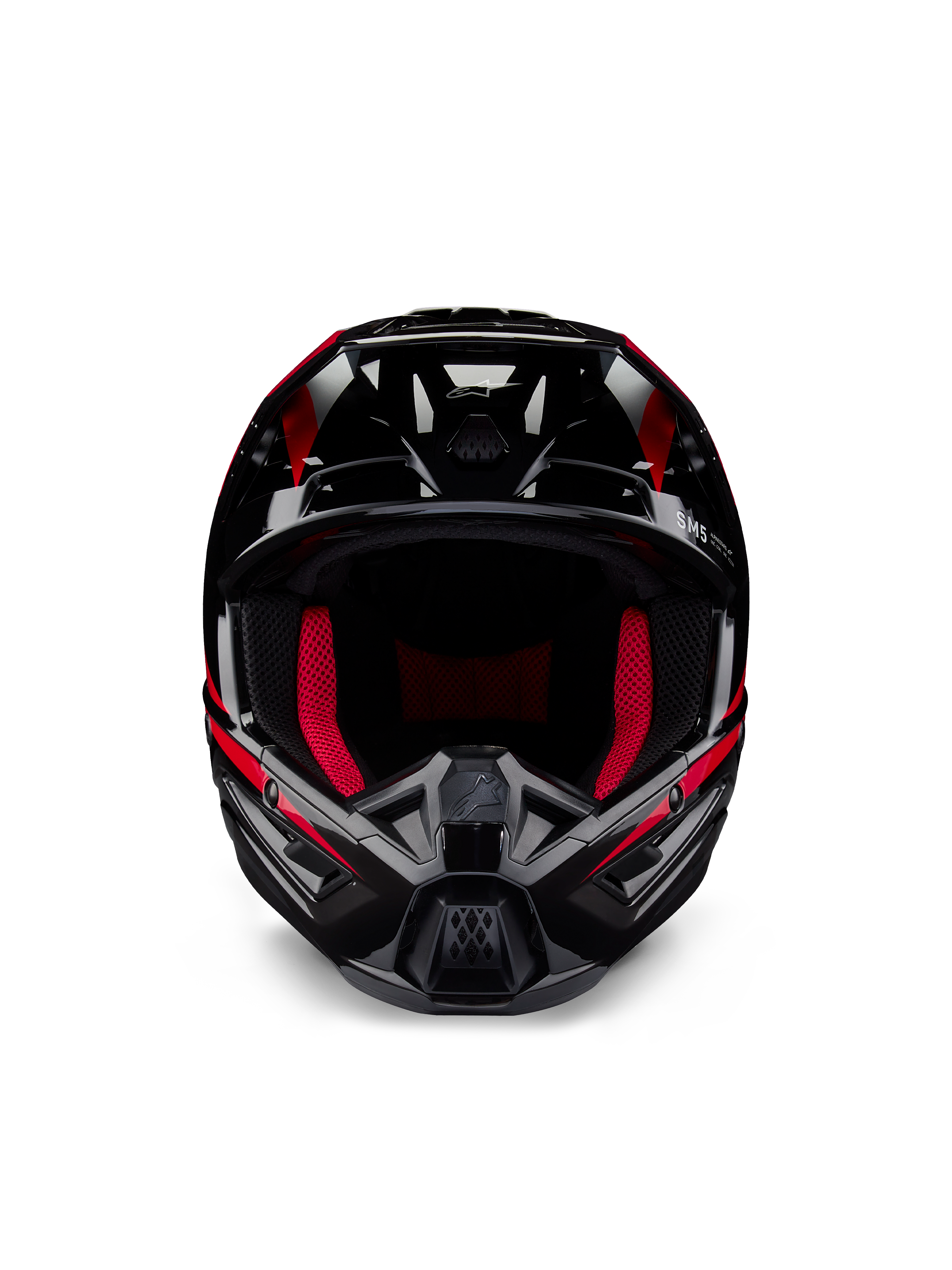 Casco Alpinestars Honda S-M5 ECE, casco da motocross, nero e rosso lucido, vista frontale con finitura nera lucida e grafiche rosse, imbottitura interna rosso vivace, design angolare con molteplici prese d'aria, protezione ad alte prestazioni per il motocross