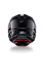 Casco Alpinestars Honda S-M5 ECE, casco da motocross, nero rosso lucido, vista posteriore che mostra la calotta nera lucida con loghi Honda e Alpinestars bianchi, fodera interna rossa e etichetta di certificazione di sicurezza ECE