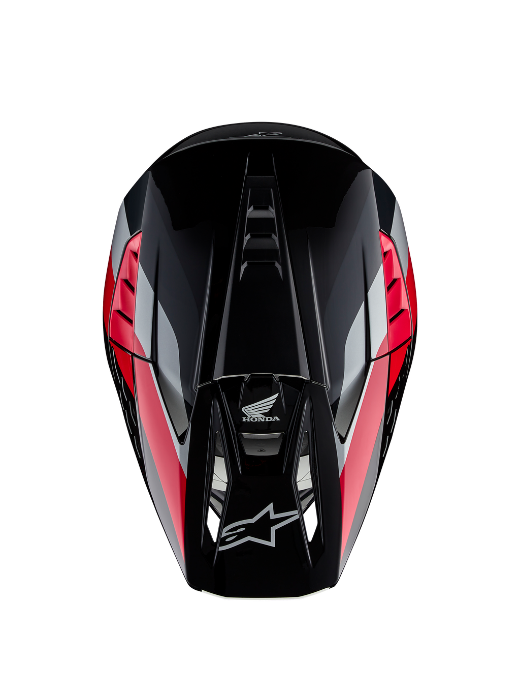 Casco Honda S-M5 ECE, casco da motocross, nero e rosso lucido con strisce grafiche rosse e argento, vista dall'alto che mostra la calotta aerodinamica e il frontino ventilato, loghi Alpinestars e Honda, equipaggiamento off-road ad alte prestazioni
