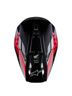 Casco Honda S-M5 ECE, casco da motocross, nero e rosso lucido con strisce grafiche rosse e argento, vista dall'alto che mostra la calotta aerodinamica e il frontino ventilato, loghi Alpinestars e Honda, equipaggiamento off-road ad alte prestazioni