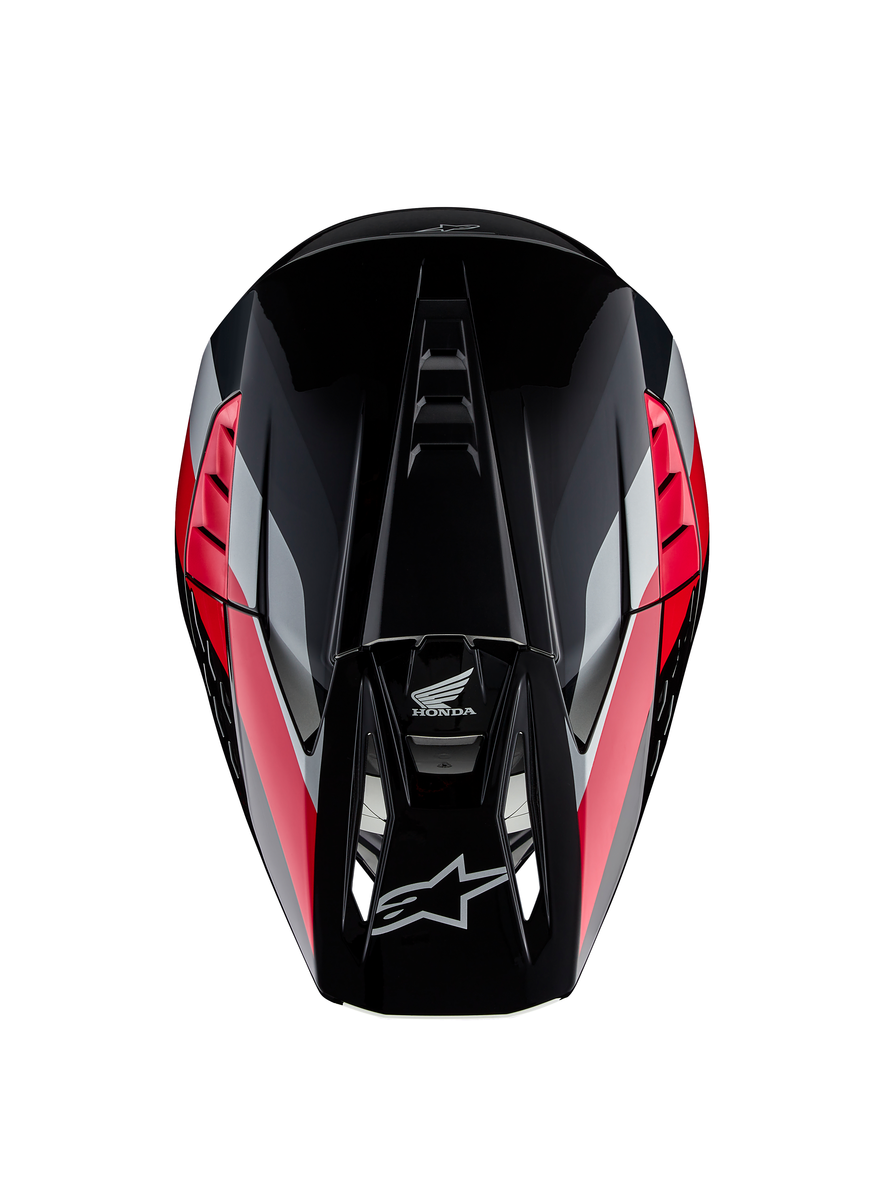 Casco Honda S-M5 ECE, casco da motocross, nero e rosso lucido con strisce grafiche rosse e argento, vista dall'alto che mostra la calotta aerodinamica e il frontino ventilato, loghi Alpinestars e Honda, equipaggiamento off-road ad alte prestazioni