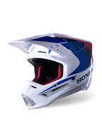 Alpinestars Honda S-M5 Helmet ECE, casco da motocross, bianco, blu e rosso lucido, con marchio Honda evidente sul lato, imbottitura interna in mesh rossa, visiera aerodinamica con prese d'aria integrate, design grafico accattivante per corse fuoristrada
