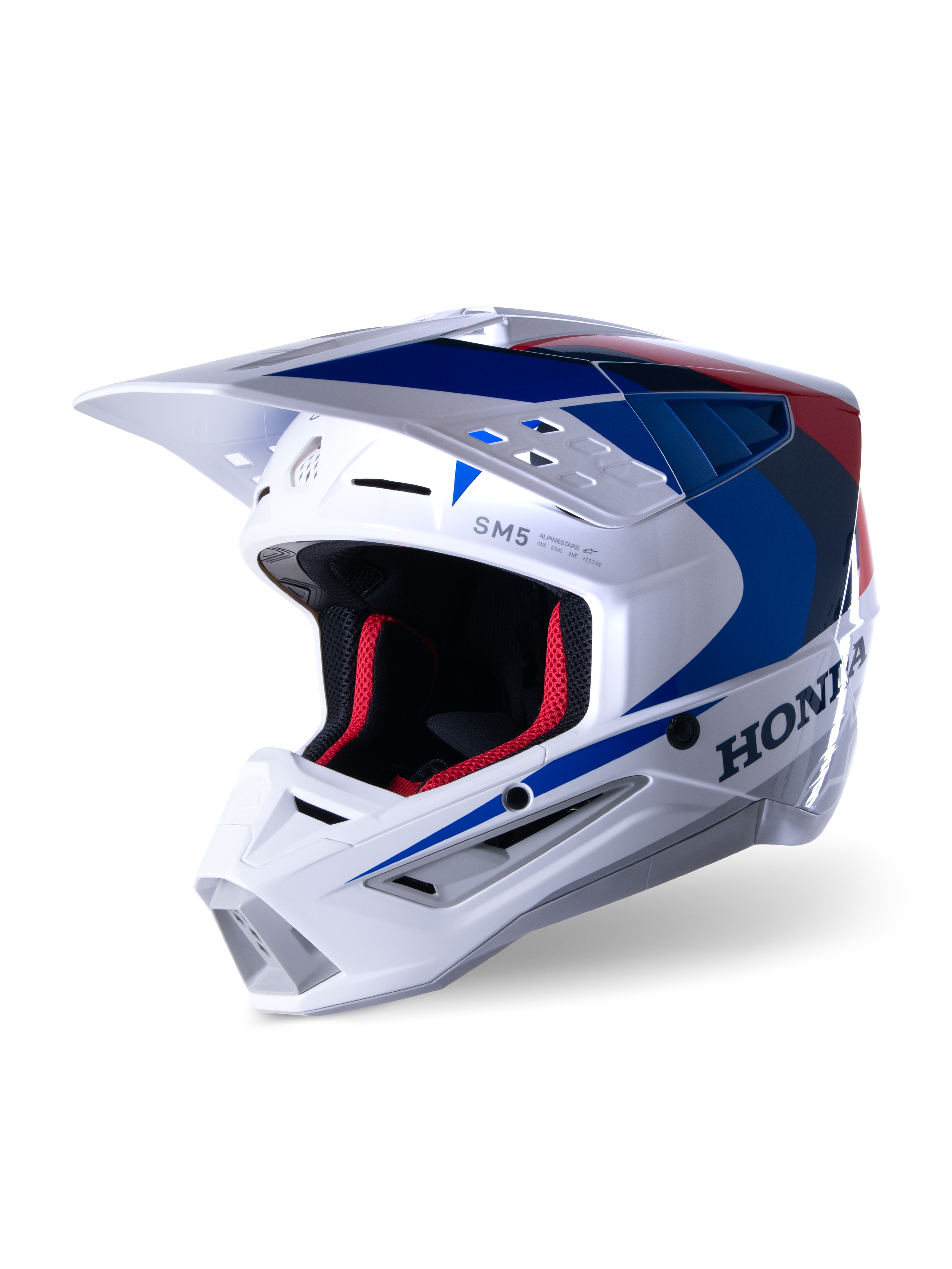 Alpinestars Honda S-M5 Helmet ECE, casco da motocross, bianco, blu e rosso lucido, con marchio Honda evidente sul lato, imbottitura interna in mesh rossa, visiera aerodinamica con prese d'aria integrate, design grafico accattivante per corse fuoristrada