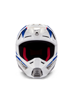 Casco Alpinestars Honda S-M5 ECE, casco da motocross, bianco, blu e rosso lucido, vista frontale con prese d'aria e imbottitura interna rossa, design aerodinamico per la protezione nelle corse fuoristrada