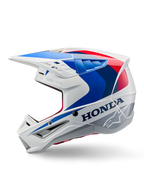 Casco Alpinestars Honda S-M5 ECE, bianco blu rosso lucido, vista laterale di profilo, con branding Honda e logo a stella Alpinestars, design aerodinamico da motocross con prese d'aria multiple e frontino prominente, finitura lucida