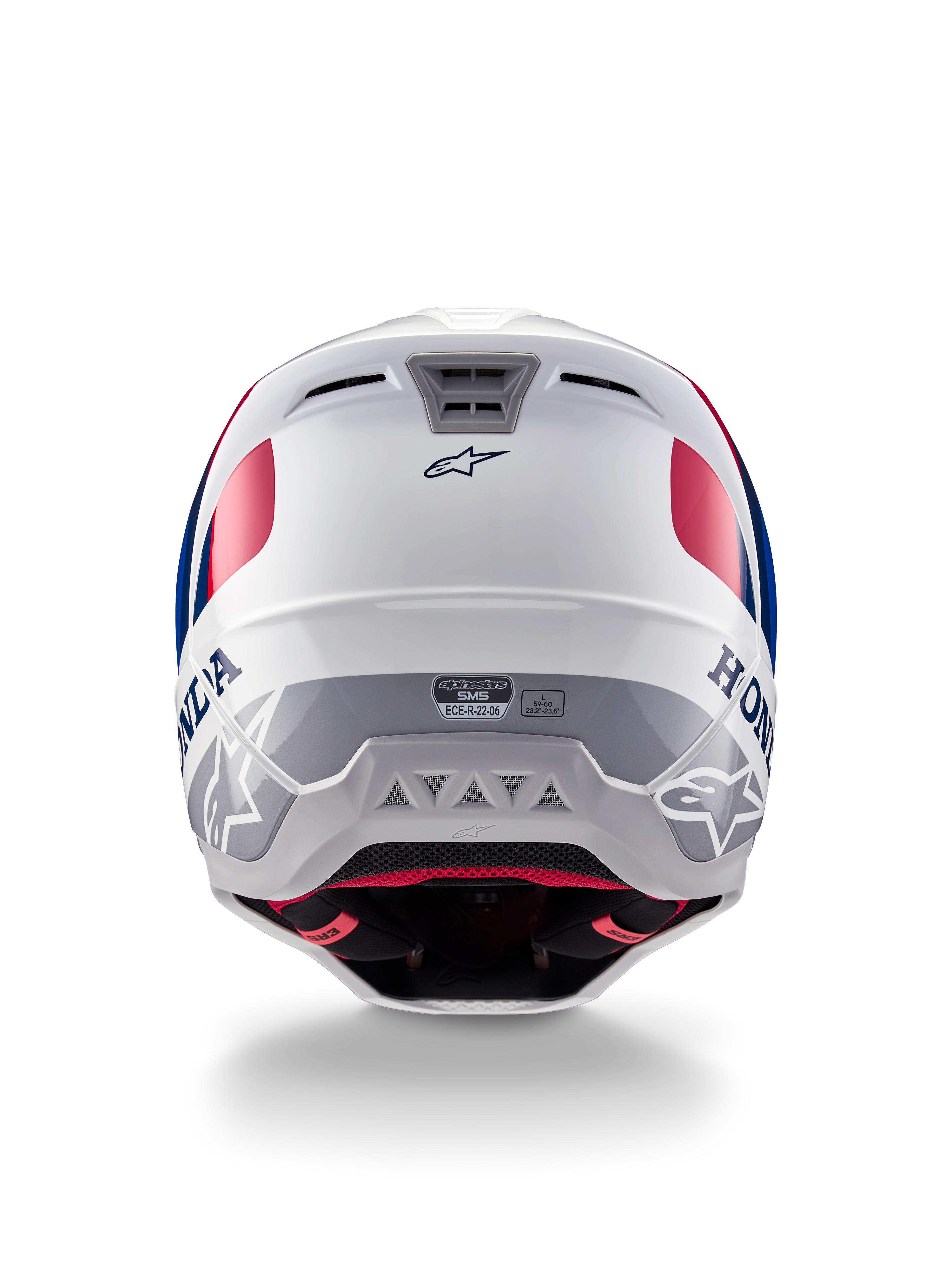 Casco Alpinestars Honda S-M5 ECE, casco da motocross, bianco, blu e rosso lucido, vista posteriore con marchi Honda e Alpinestars, calotta aerodinamica con prese d'aria integrate ed etichetta di certificazione ECE.